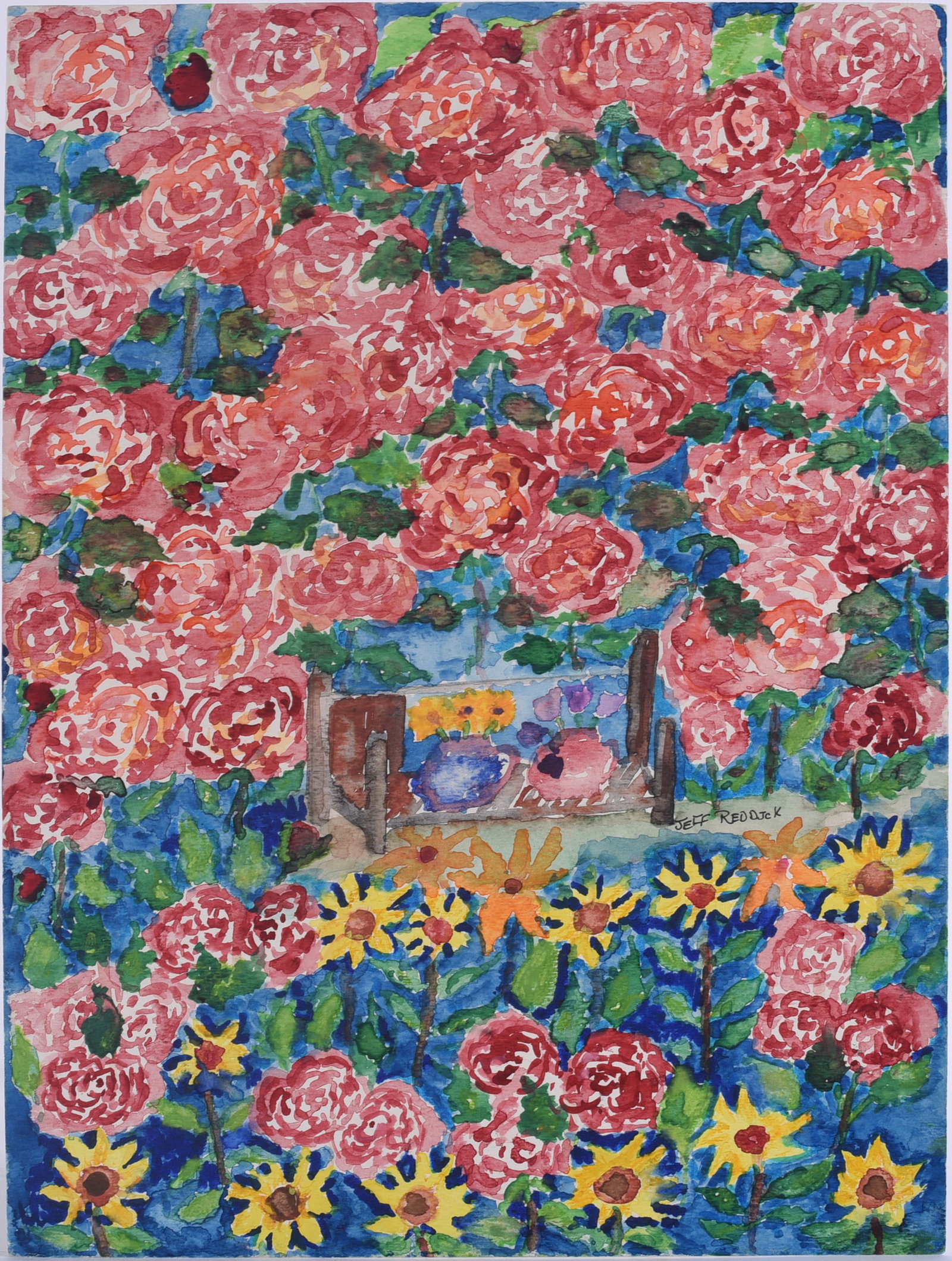 Jeffery Reddick Folk Art Painting: 11"x15" Original watercolor by North Carolina self-taught artist Jeffery Reddick (born 1951), signed lower right. Dense garden composition filled with red and pink roses, sunflowers, and green foliage