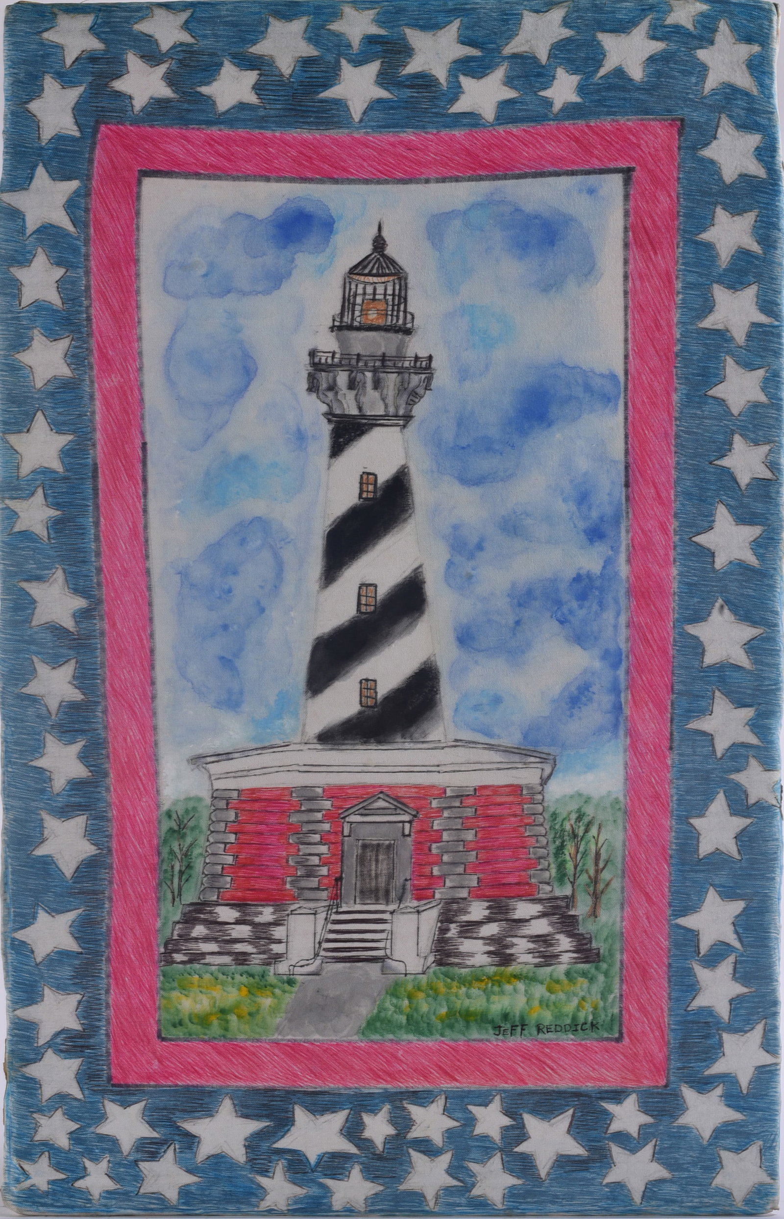 Jeffery Reddick Folk Art Painting: 16"x25" Original mixed-media folk art painting by North Carolina self-taught artist Jeffery Reddick (born 1951), signed lower right. Depicts a black-and-white spiral-striped lighthouse above a red