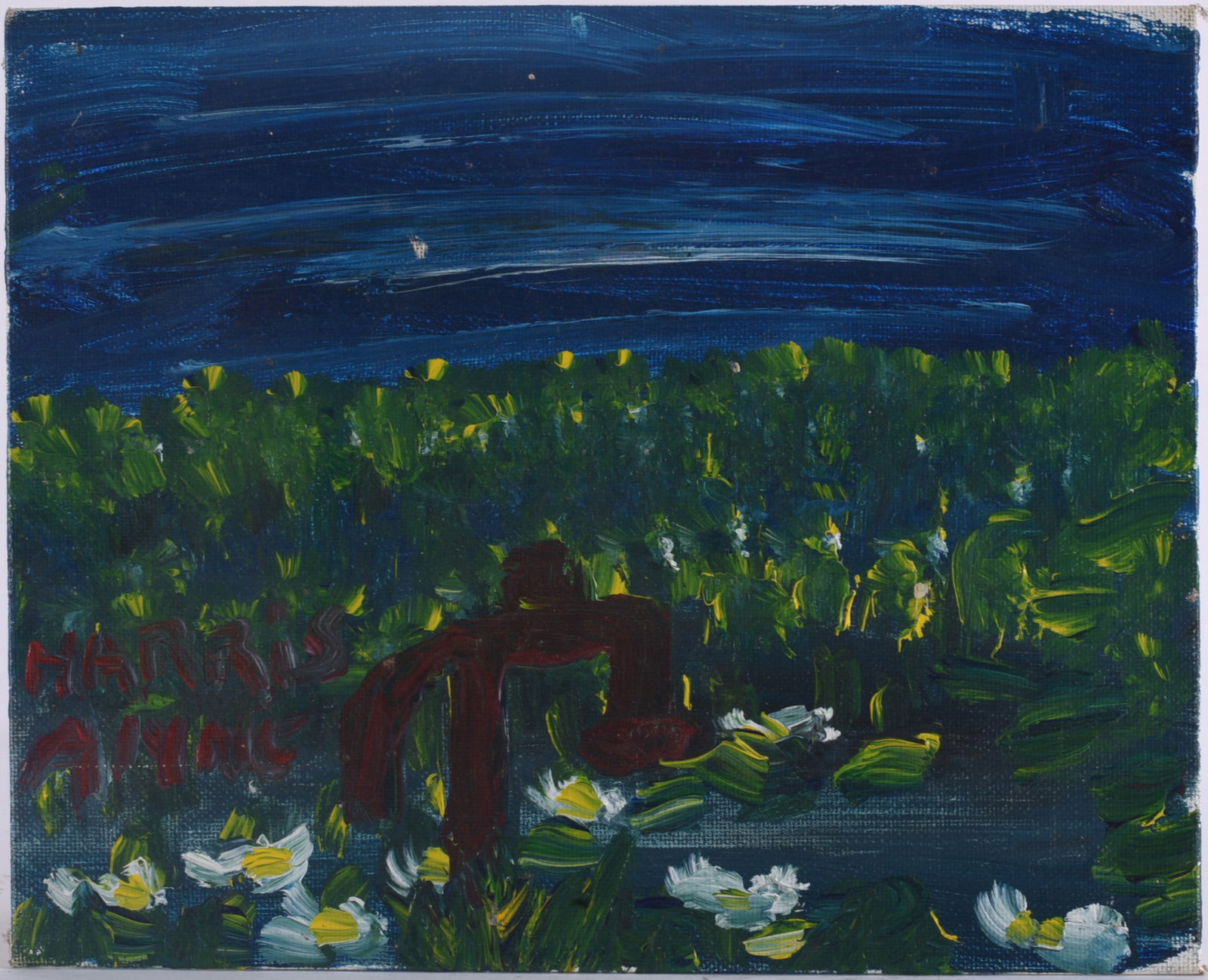 Alyne Harris Outsider Art Painting: 10"x8" Original outsider art painting by important Florida self-taught artist Alyne Harris (1942–2025). Dark nocturnal composition depicting a figure beneath a deep blue sky surrounded by flowers
