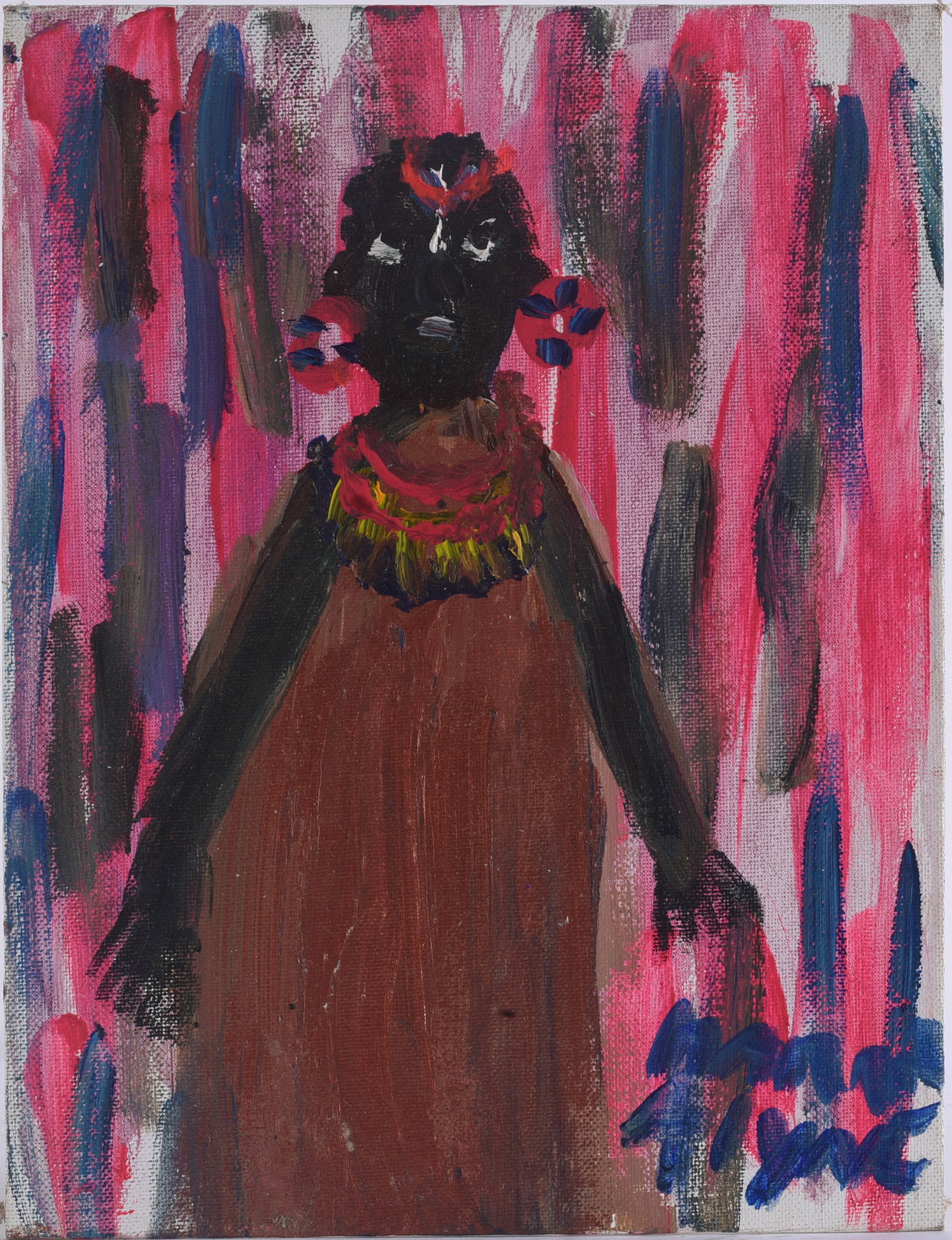 Alyne Harris Outsider Art Painting: 9"x12" Original outsider art painting by important Florida self-taught artist Alyne Harris (1942–2025). Expressive portrait of a Black woman in a long brown dress with flowers in her hair and a colo