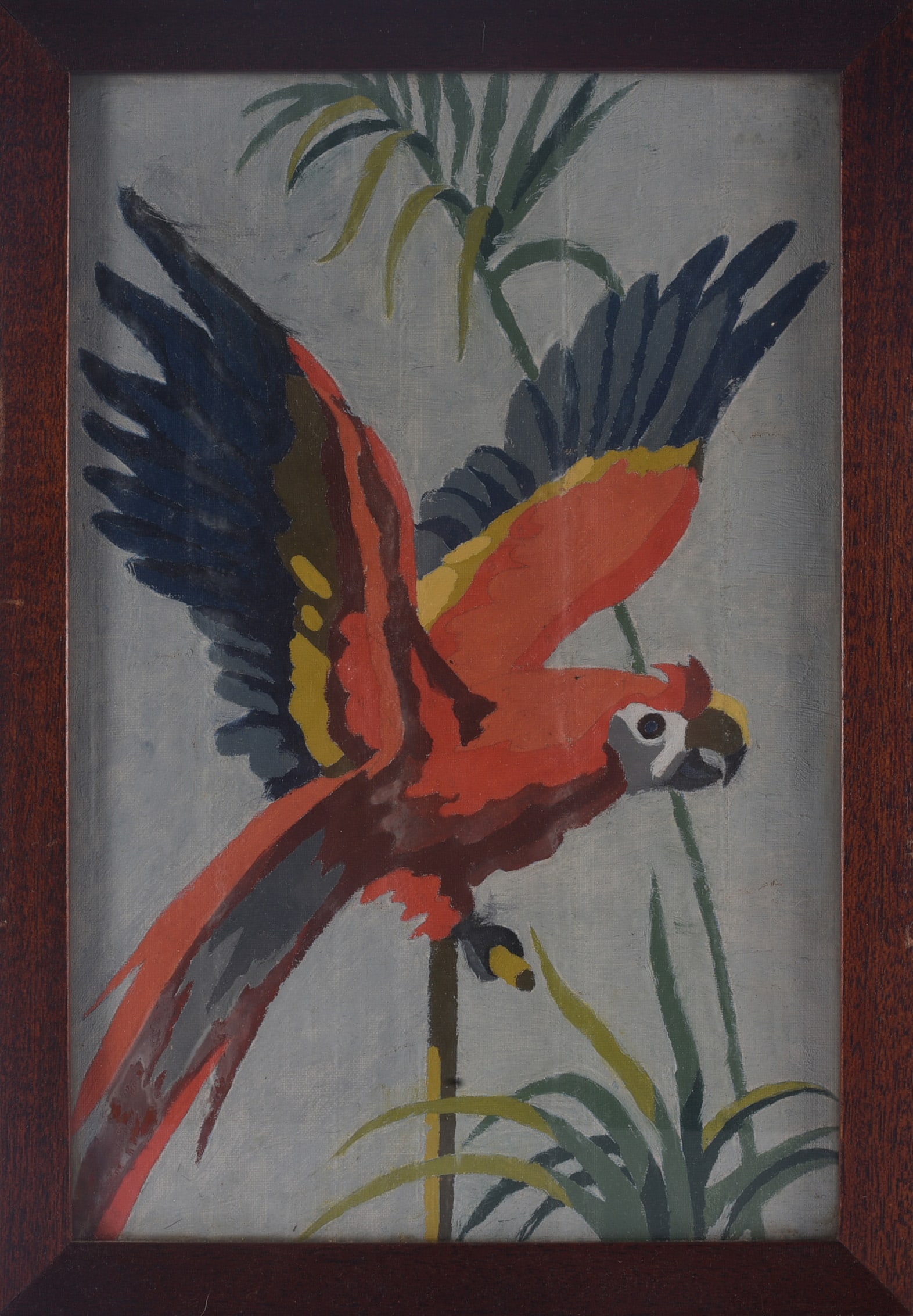 Anonymous Folk Art Parrot Painting: 9"x13" Anonymous folk art painting depicting a brightly colored scarlet macaw or parrot in flight among stylized tropical foliage. Bold red, blue, yellow, green, and black coloration is rendered in a