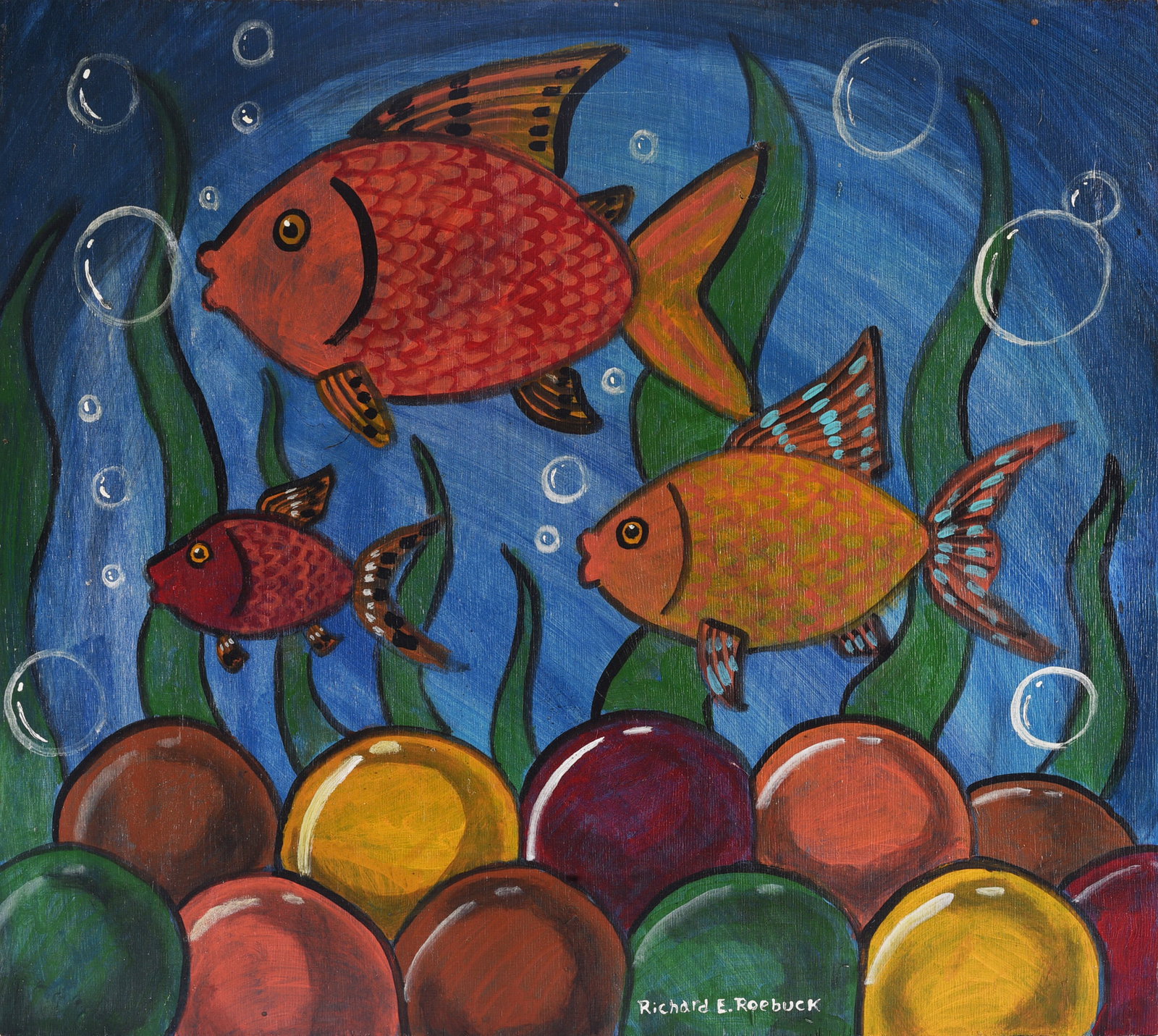 Richard Roebuck Folk Art Painting: 21"x18" Original folk art painting by Alabama artist Richard E. Roebuck (born 1960), signed lower center. Colorful underwater scene depicting three stylized fish swimming among tall aquatic plants
