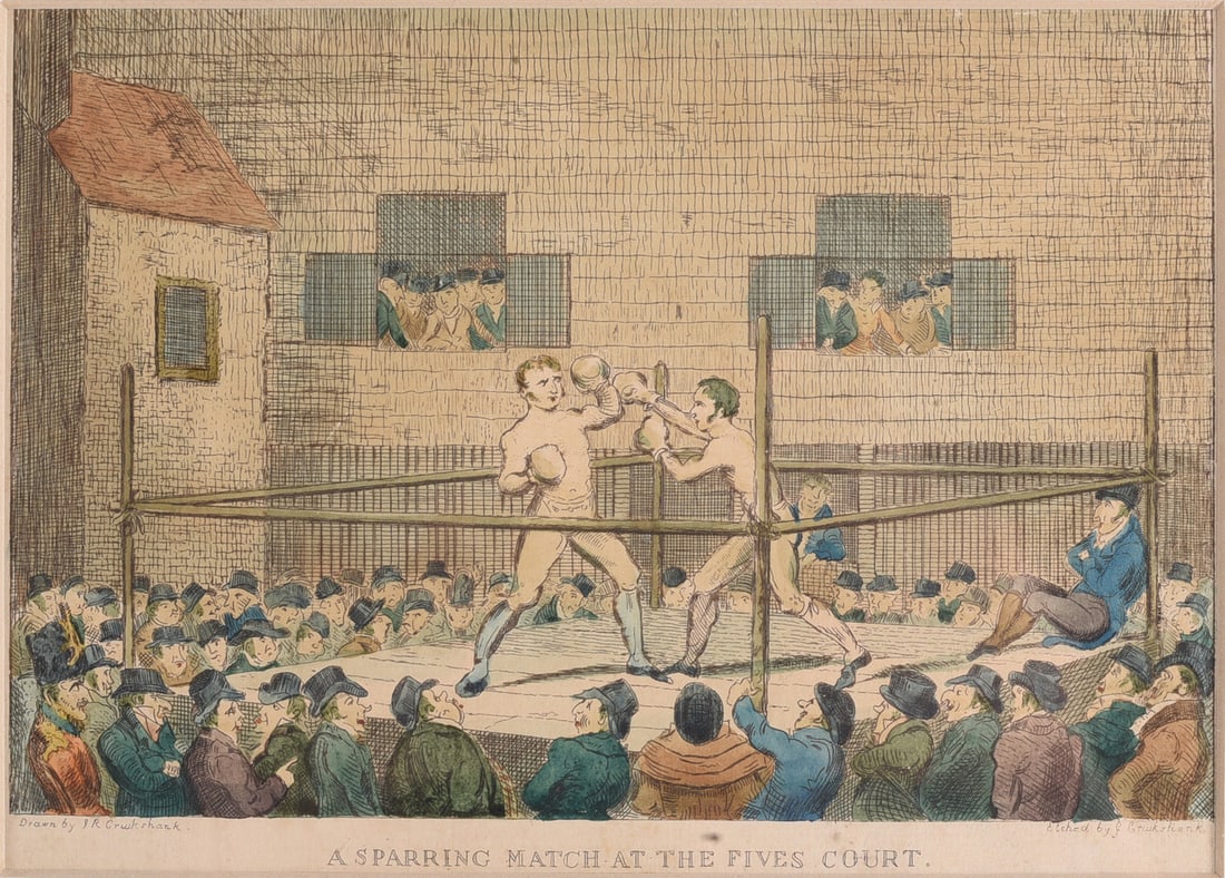 19th Century Hand Colored Etching of Boxing: Image size 8"x6" , matted to 20"x18" Original 19th-century hand-colored etching titled “A Sparring Match at the Fives Court,” depicting two pugilists boxing before a large crowd of