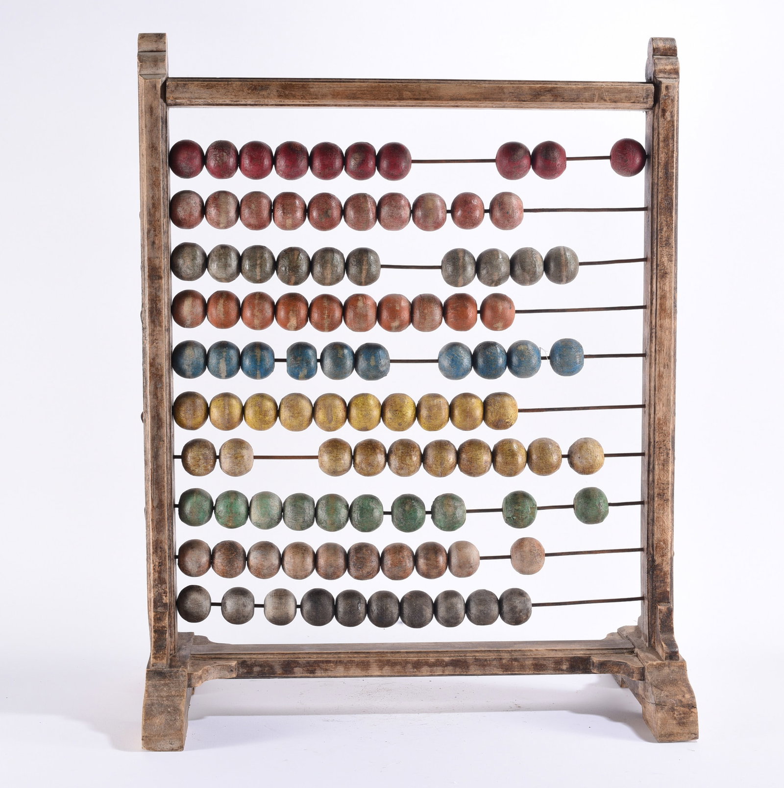 Antique Folk Art Wooden Abacus with Colored Beads: 23"x27" Antique folk art wooden abacus or counting frame constructed with ten horizontal metal rods and large turned wooden beads. Rows retain assorted old red, blue, green, yellow and natural painted
