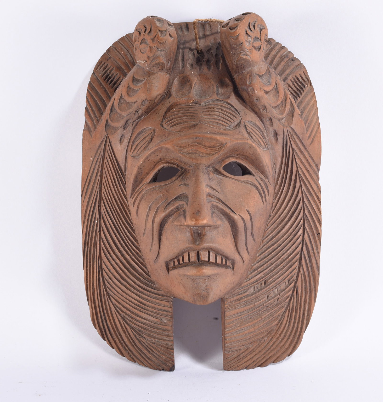 Large Carved Wooden Figural Mask with Birds (1 of 2)