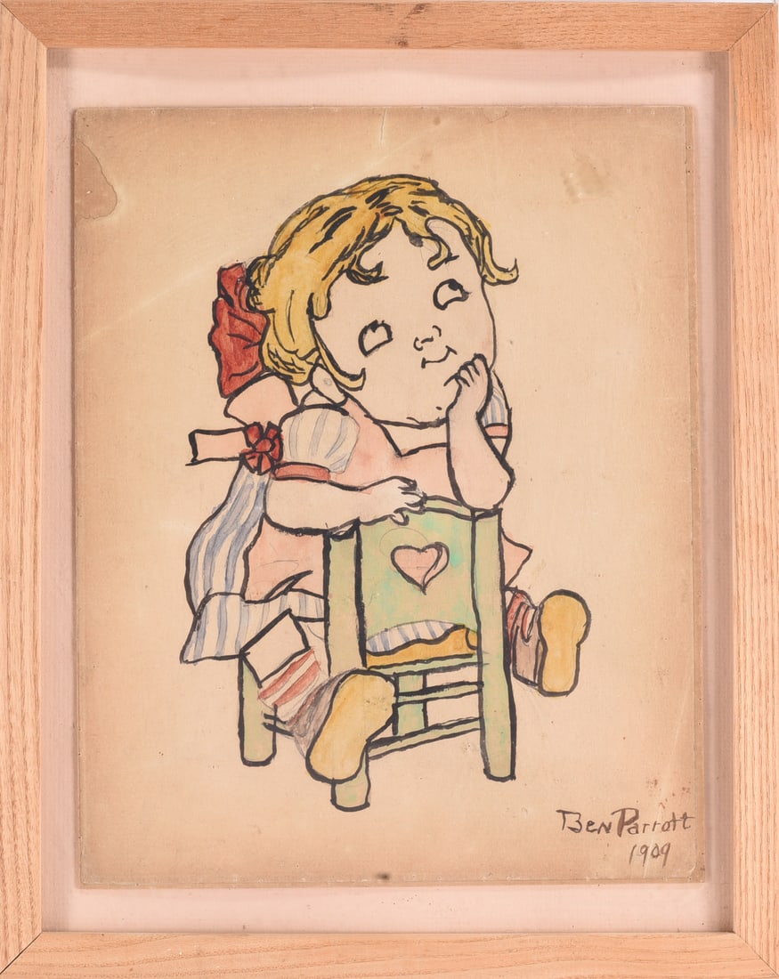 Ben Parrott 1909 Folk Art Drawing of Girl (1 of 2)