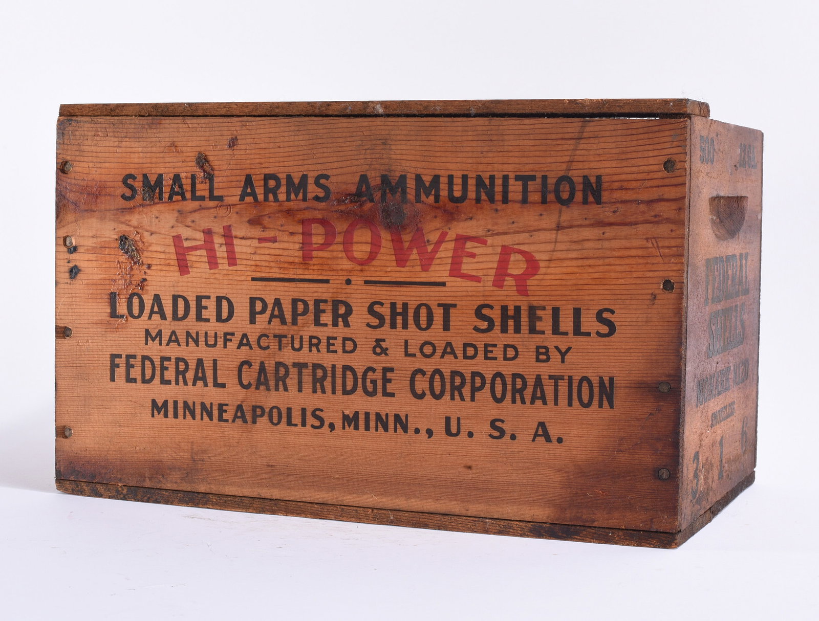 Federal Hi-Power Paper Shot Shell Wooden Ammunition Crate: 15"x9" Vintage Federal Cartridge Corporation wooden ammunition shipping crate retaining bold original black and red advertising reading "Small Arms Ammunition—Hi-Power—Loaded Paper Shot Shells—M