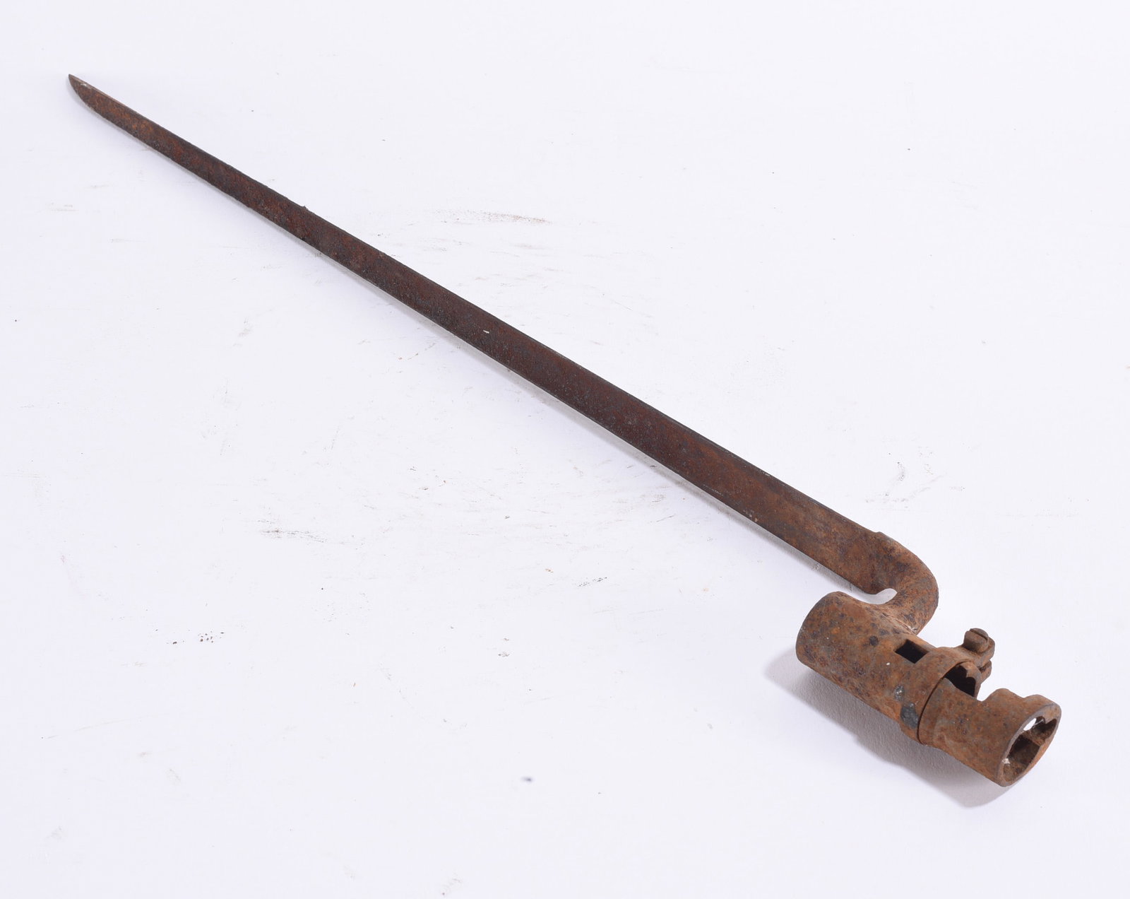 Civil War Era U.S. Model 1855 Type Socket Bayonet: 20" Civil War era U.S. Model 1855-type socket bayonet featuring a long triangular tapered steel blade, offset shank and cylindrical socket with locking ring for mounting to a rifle-musket. This genera
