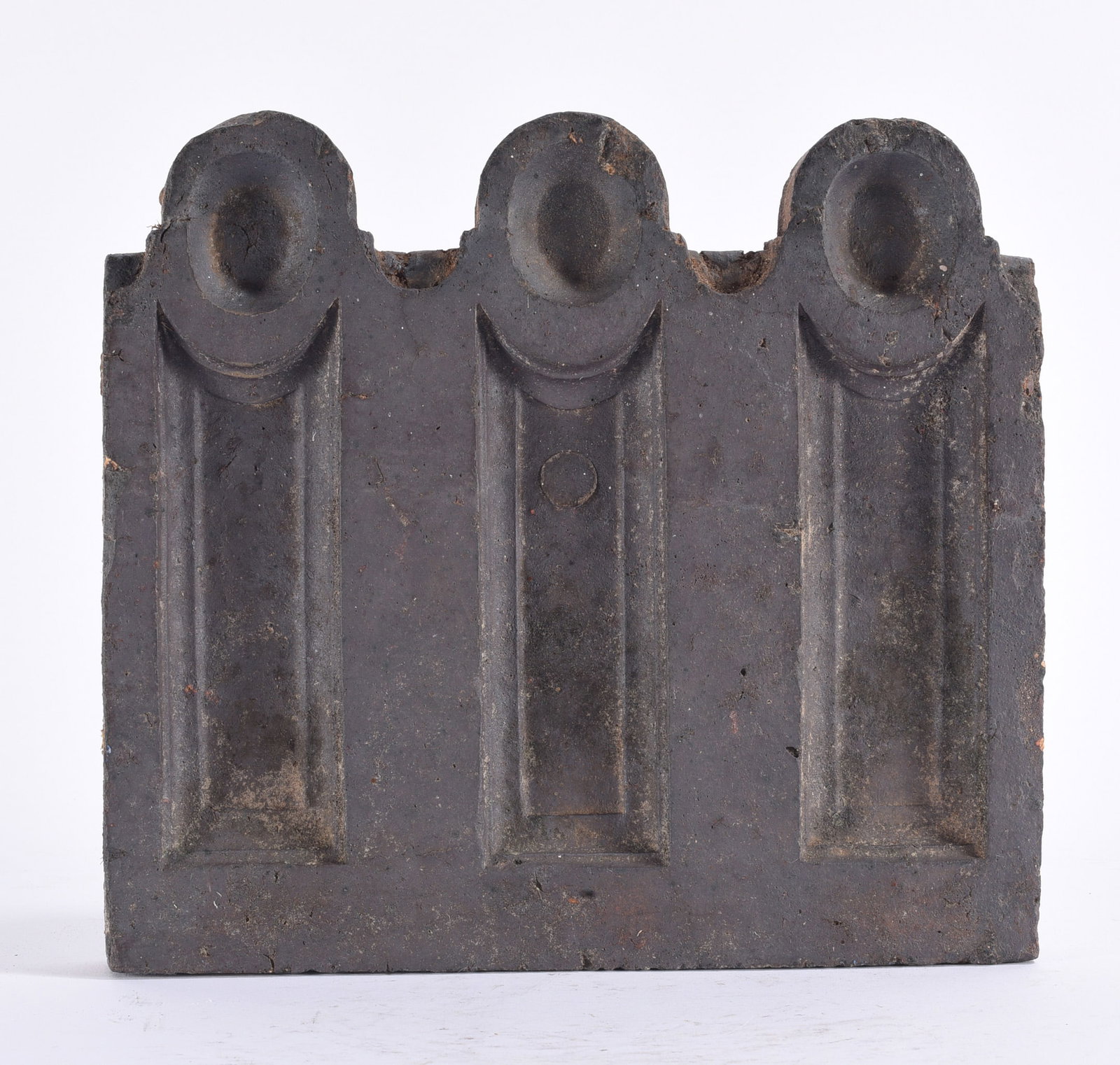 Georgia African American Folk Art Pttery Triple Grave Marker: 9"x9" Unusual handmade African American vernacular grave marker from Georgia, constructed of pottery with a dark weathered surface. The sculptural front is divided into three tall recessed panels, eac