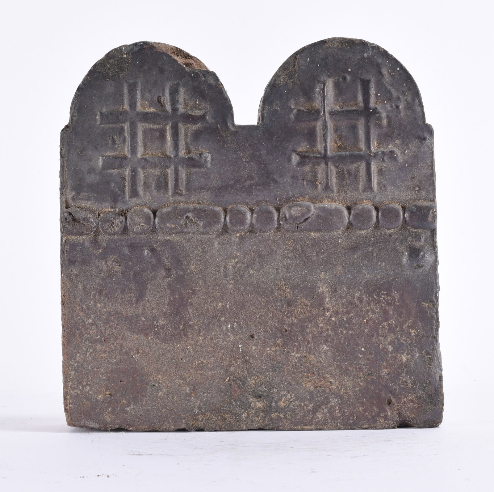 Georgia African American Folk Art Pottery Double Cross Grave Marker: 8"x9" Handmade African American vernacular grave marker from Georgia, constructed of hand made pottery. The upper portion terminates in two rounded arches, each decorated with a deeply modeled Christi