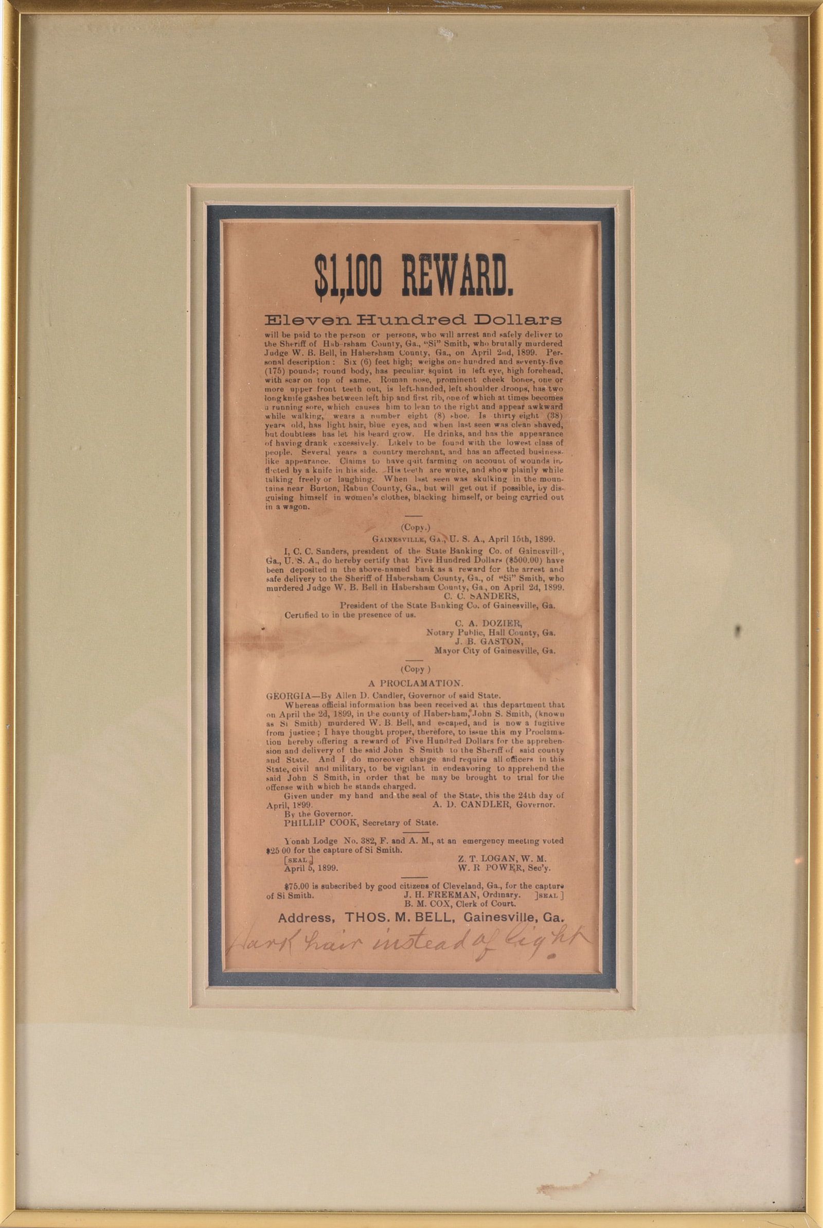 1899 Georgia $1,100 Reward Broadside for Si Smith (1 of 1)