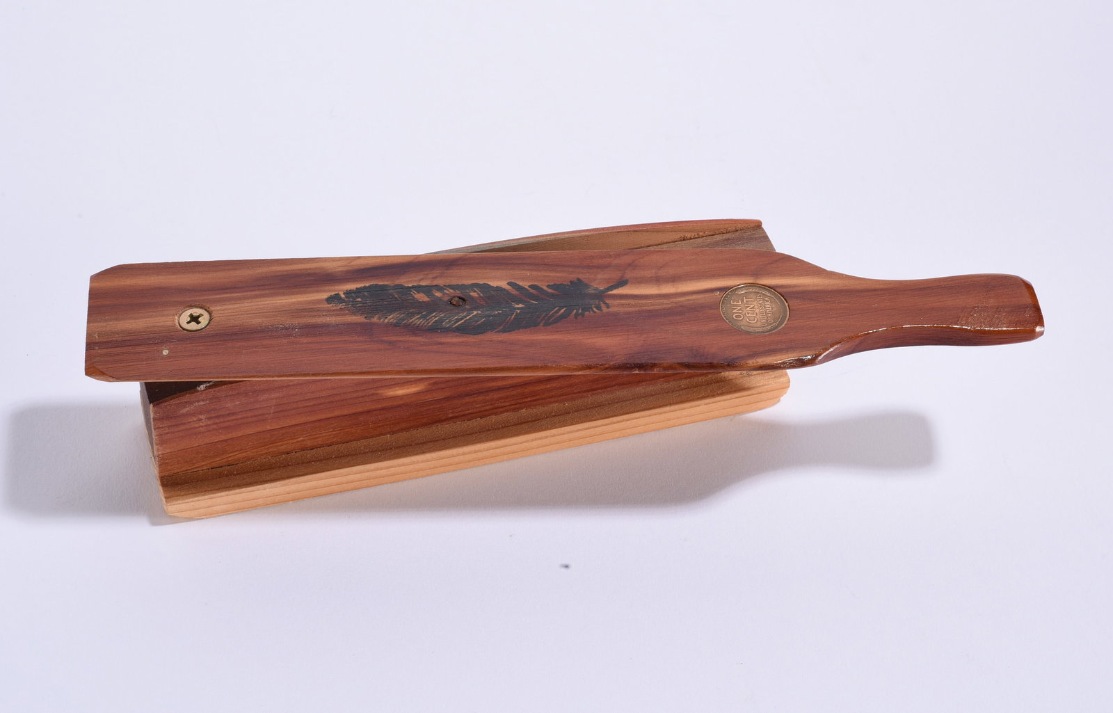 Handmade Cedar Turkey Box Call with Feather & Penny Inlay (1 of 3)