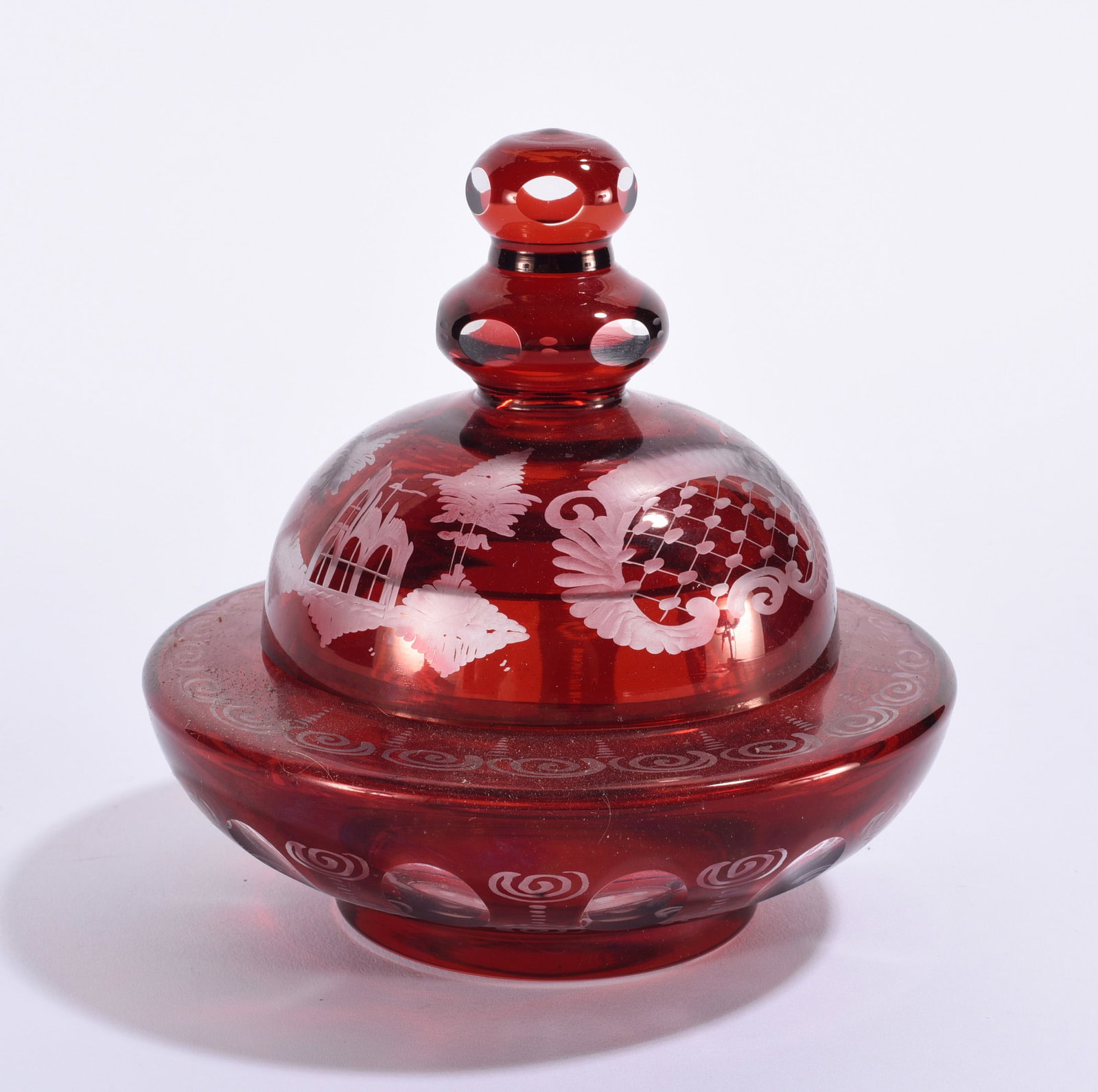 Ruby Red Cut & Etched Glass Covered Dish (1 of 3)