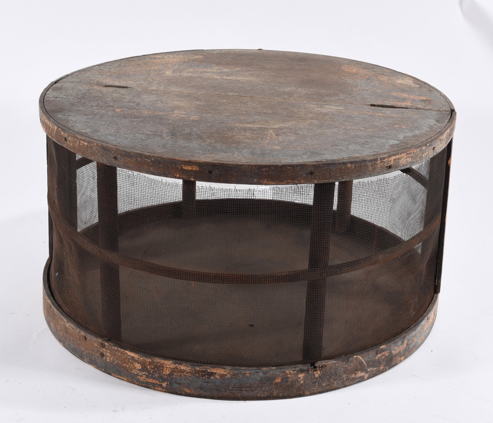 Antique Round Wooden & Wire Mesh Food Pie Safe: 21"x12" tall Antique round wooden food or pie safe constructed with circular wooden top and base, vertical supports and fine wire-mesh sides. Interior contains circular shelving for cooling and protec