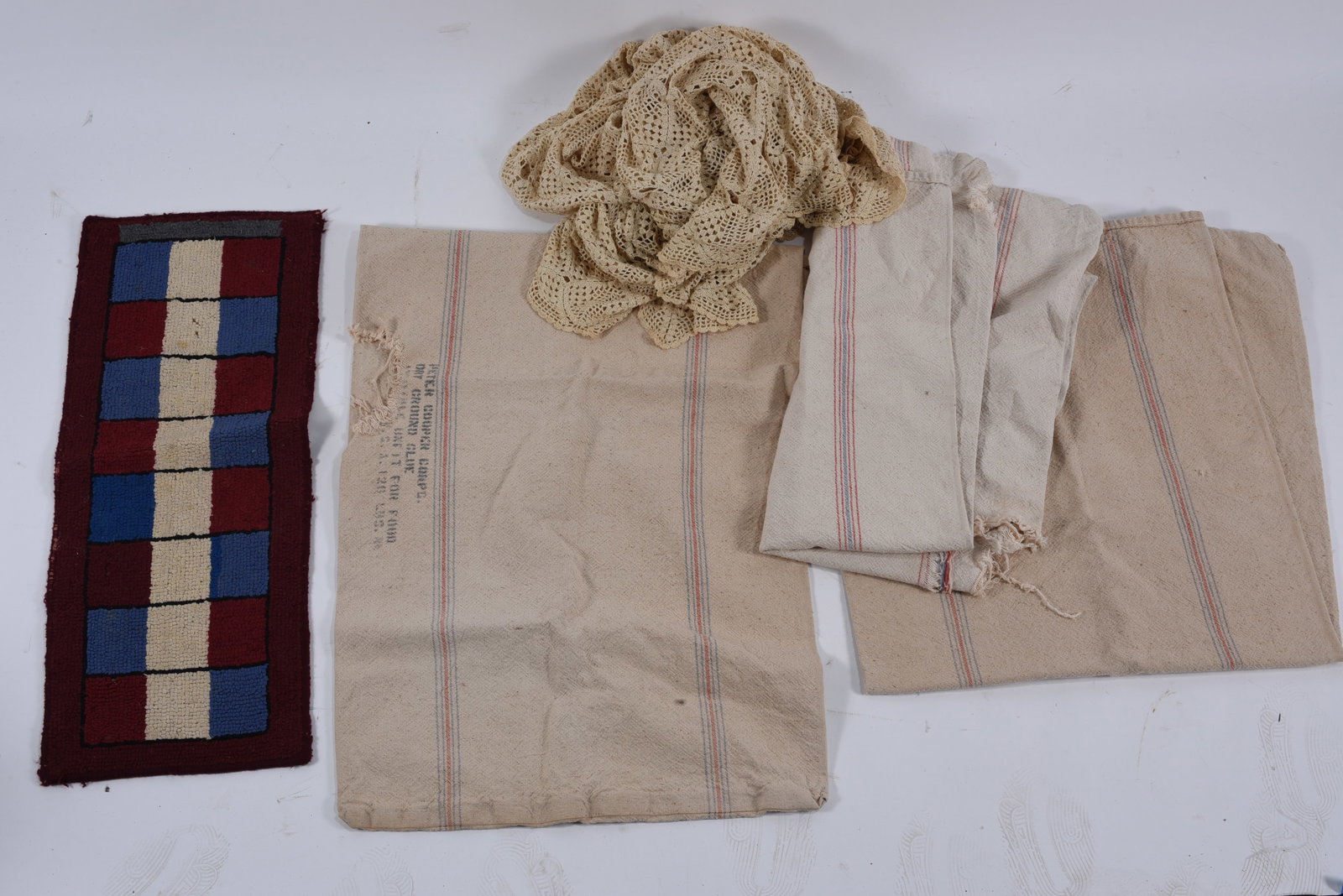 Group of Vintage Textiles including Hooked Rug & Grain Sacks (1 of 4)