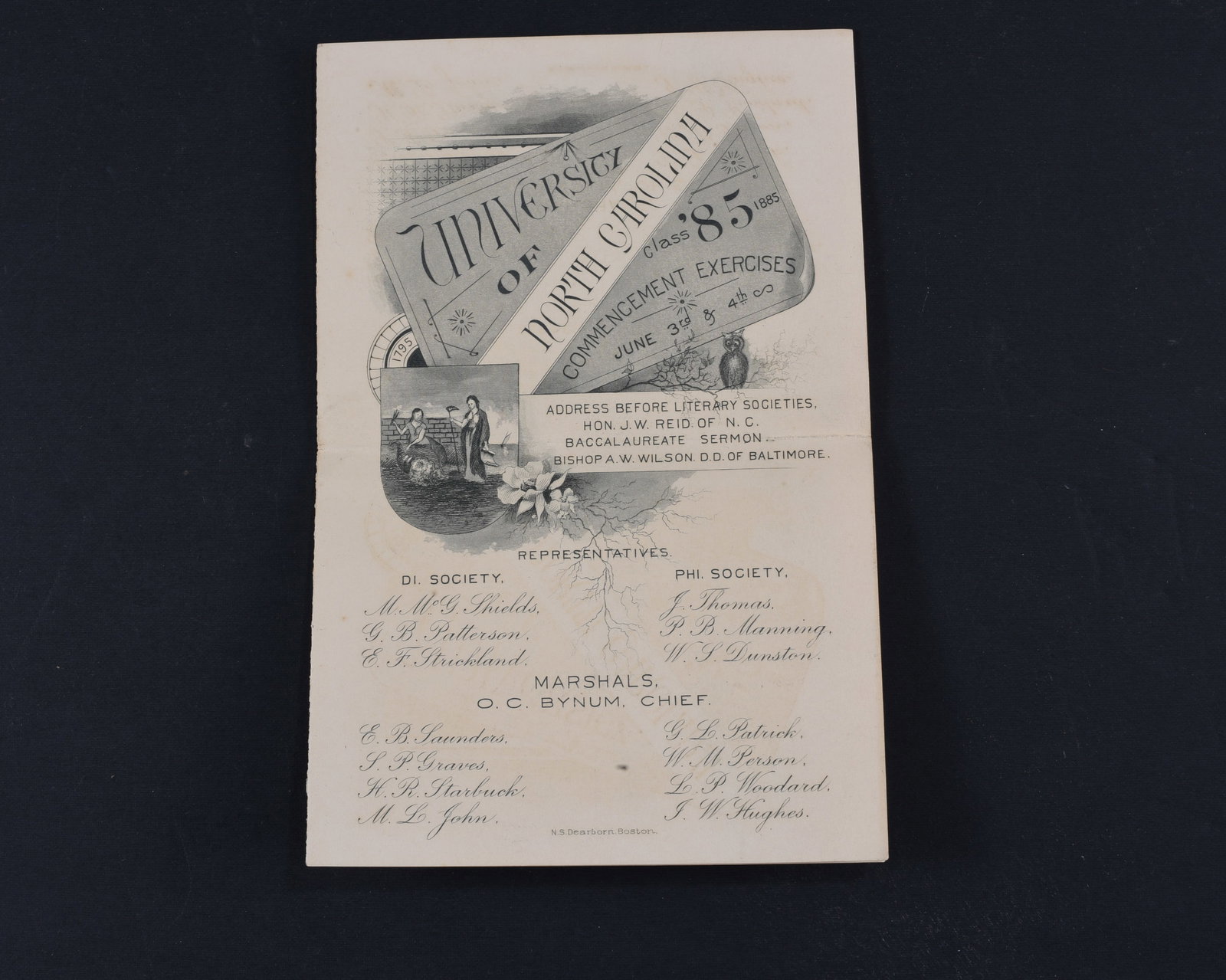 UNC 1885 Commencement Program: University of North Carolina commencement exercise program, 1885, 1pp octavo, listing the representatives and marshals to take place in the ceremony. Very good condition.