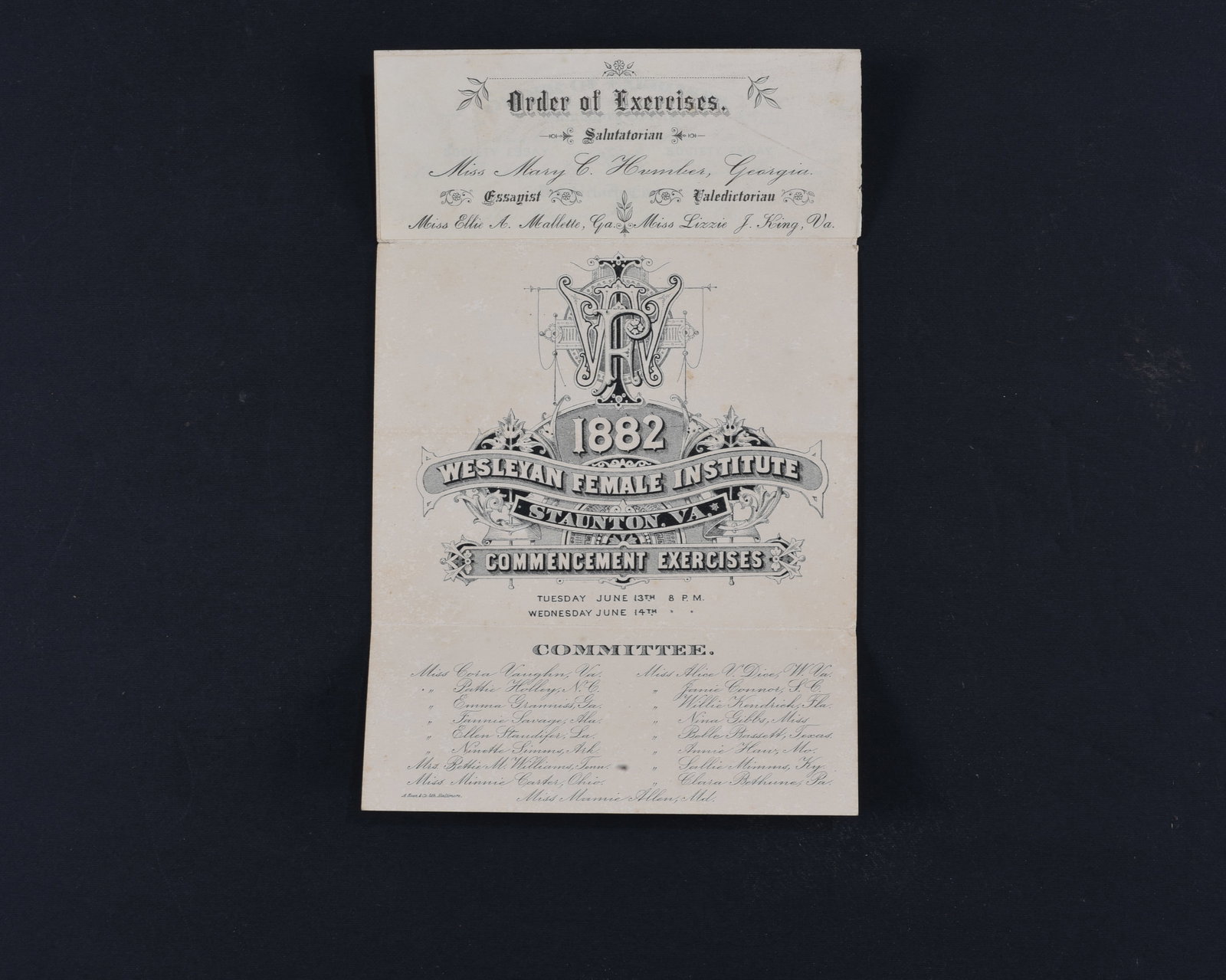 Weslyn Female Institute Commemencement Program 1882: Wesleyan Female Institute Commencement Exercises, 1pp octavo, 1882, Staunton, Virginia. Very good condition.