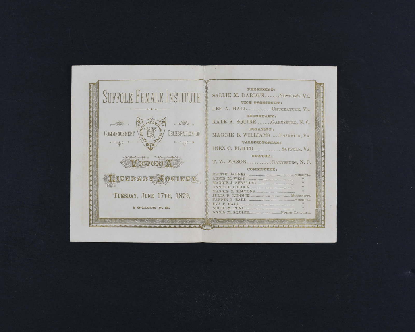 Suffolk Female Institute Commencement Program 1879: Suffolk Female Institute Commencement Celebration Jun 17, 1879, 2pp. Octavo, printed in gilt. Very good condition.