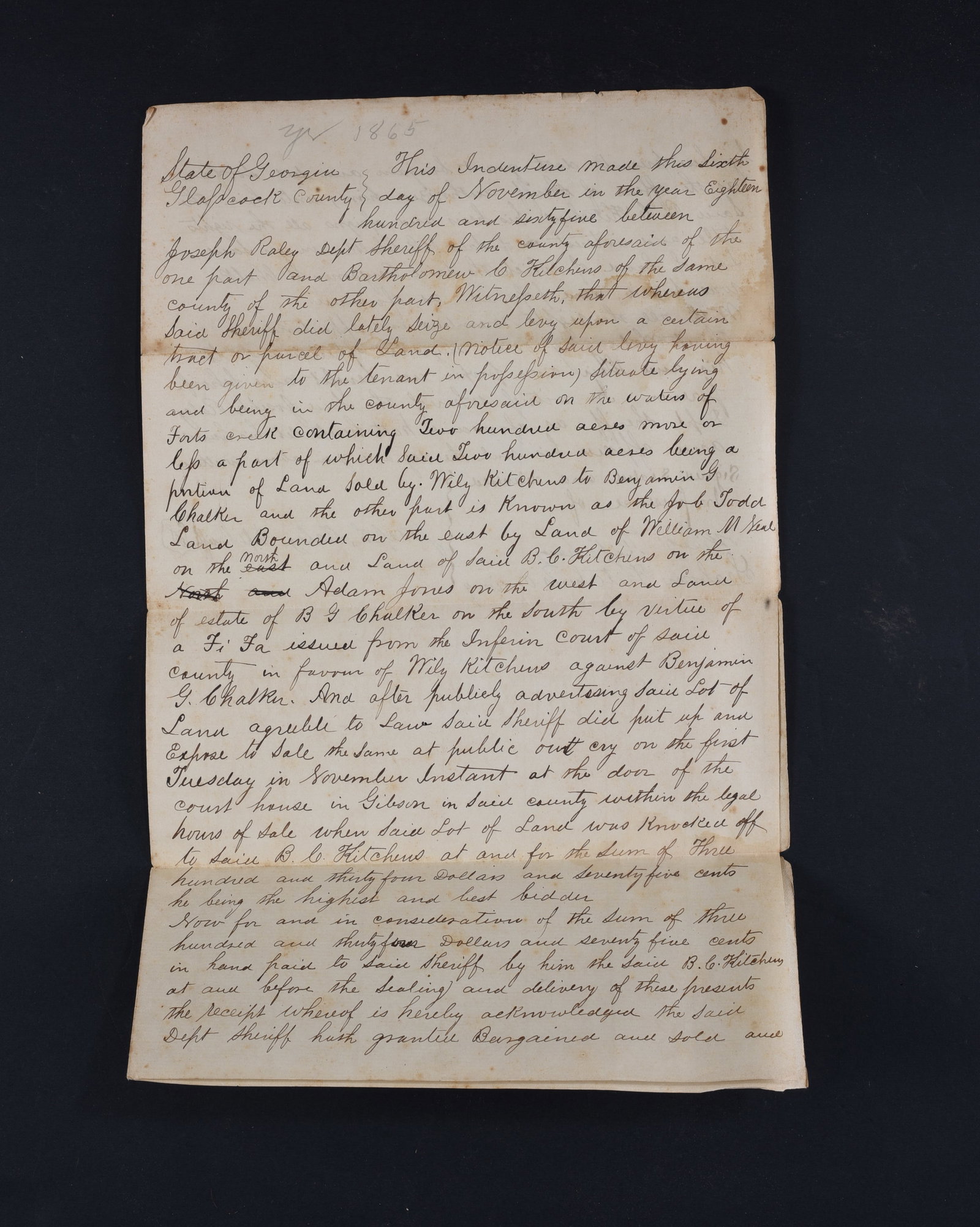 1865 Georgia Post Confederate Land Seizure: Manuscript Document Signed by Joseph Raley as Deputy Sheriff, as well as Wiley Kitchens and Seaborn Kitchens, 2pp folio, November 6, 1865, Glasscock County, Georgia, and reads in part: “...that wher
