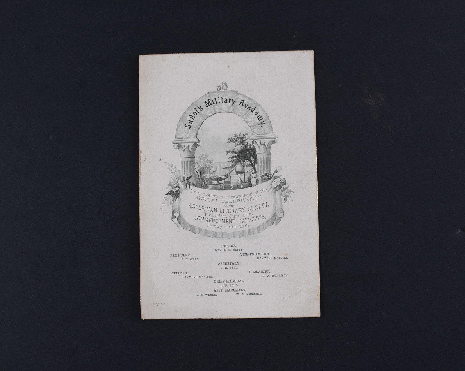 Suffolk Military Academy Exercise Program: Suffolk Military Academy Commencement Exercises, 1pp octavo, June 12, with nice lithographed subject. On card stock. Very good condition.