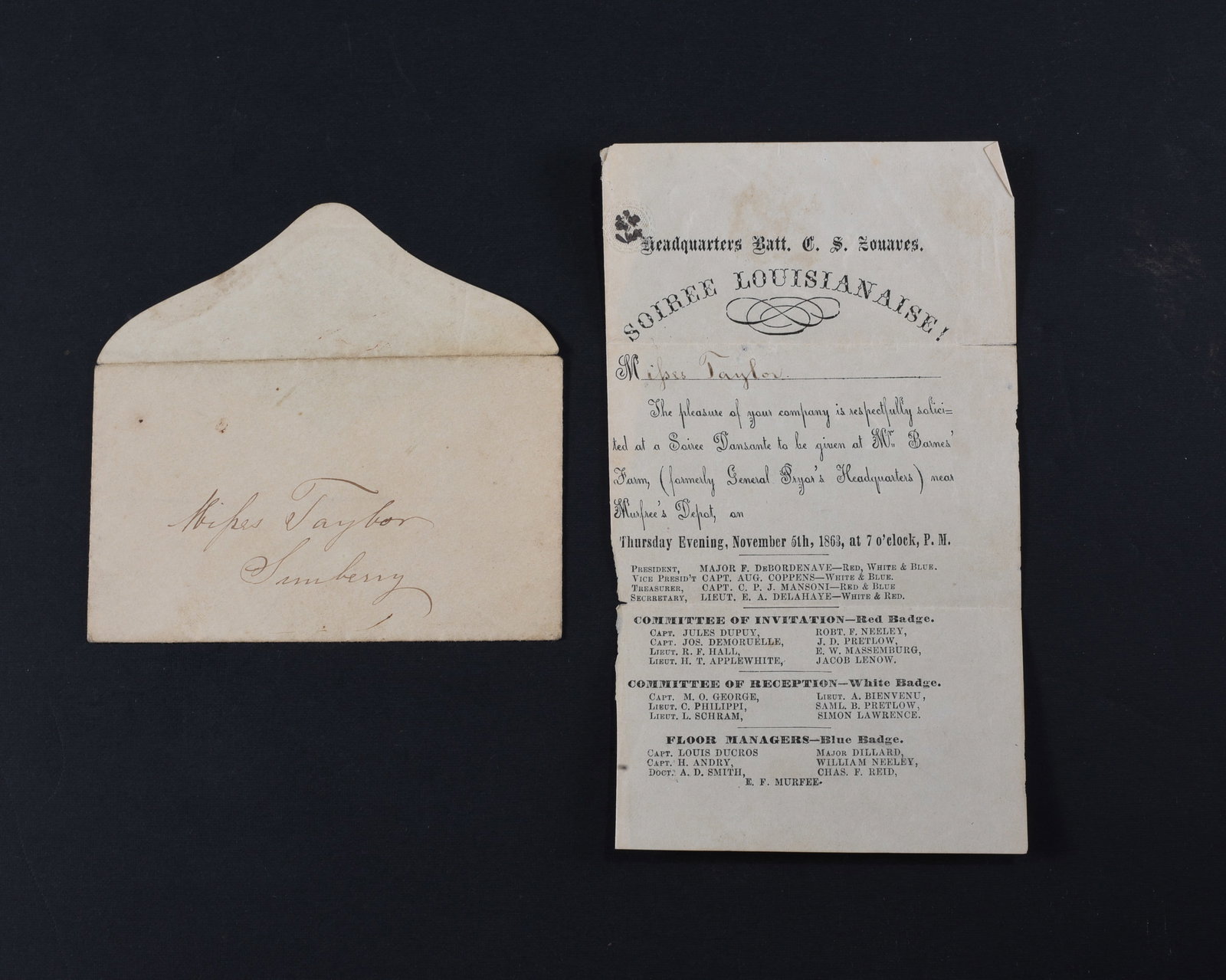 Confederate Imprint 1863 Louisiana Zouaves: Confederate imprint “Headquarters Batt. C S. Zouaves” 1pp 3.5”x6.25”, “Soiree Louisianaise!” November 6, 1863, inviting Miss Taylor of Simberry, to attend “a Soiree