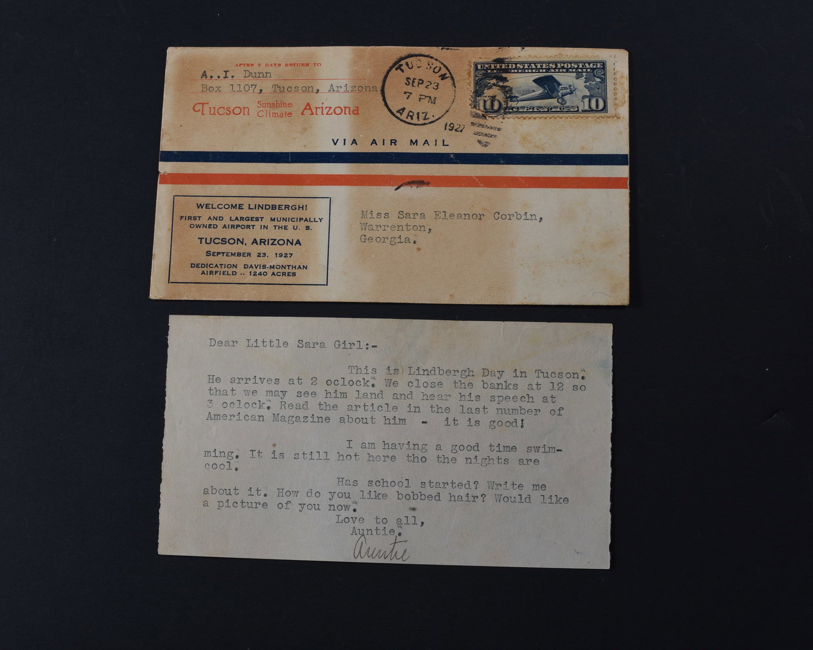 Great Lindbergh Ephemera: Typed Letter Signed 1pp 6”x3”, with transmittal cover dated September 23, 1927, sent “VIA AIR MAIL” with imprint “WELCOME LINDBERGH! First and Largest Municipally Owned Airport
