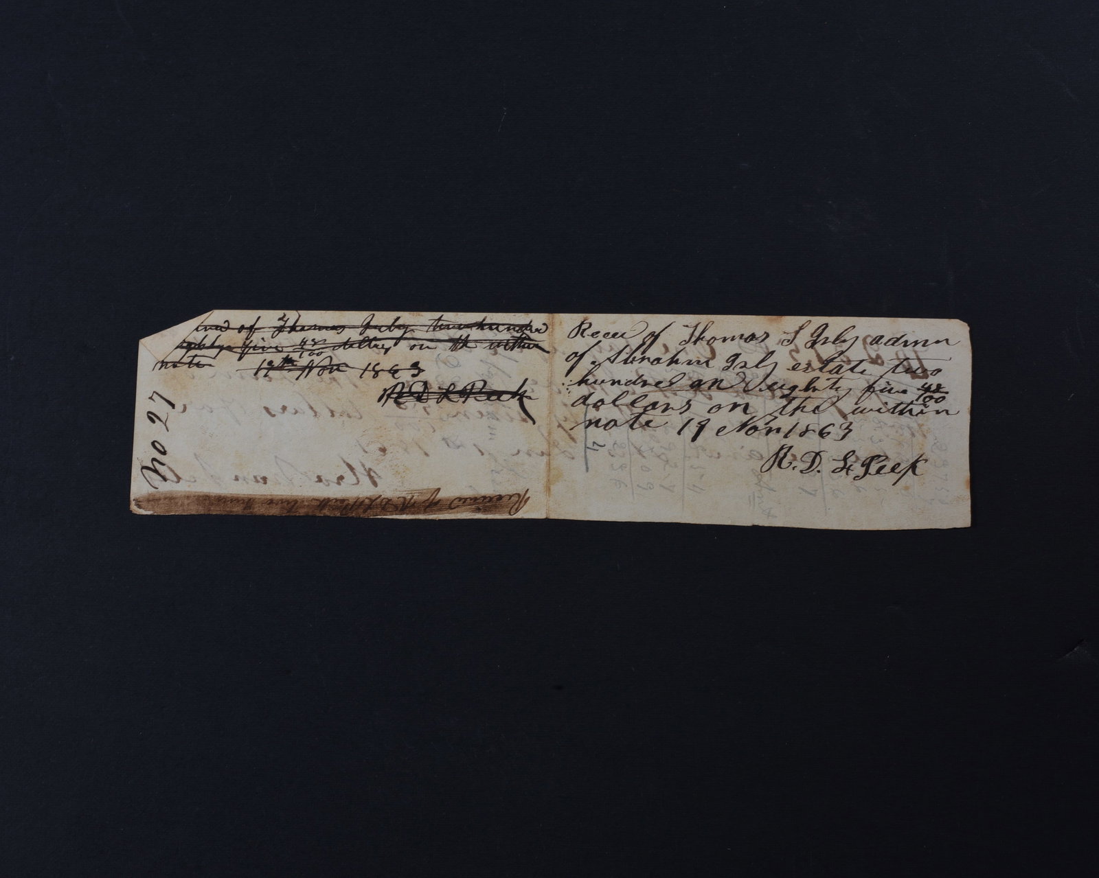 Confederate 1863 Signed Document: Confederate Manuscript Document Signed by Abraham Irby, being an order to pay $237.50. January 1, 1861. 1pp 8”x2”. Docketed on verso received November 18, 1863. Very good condition.