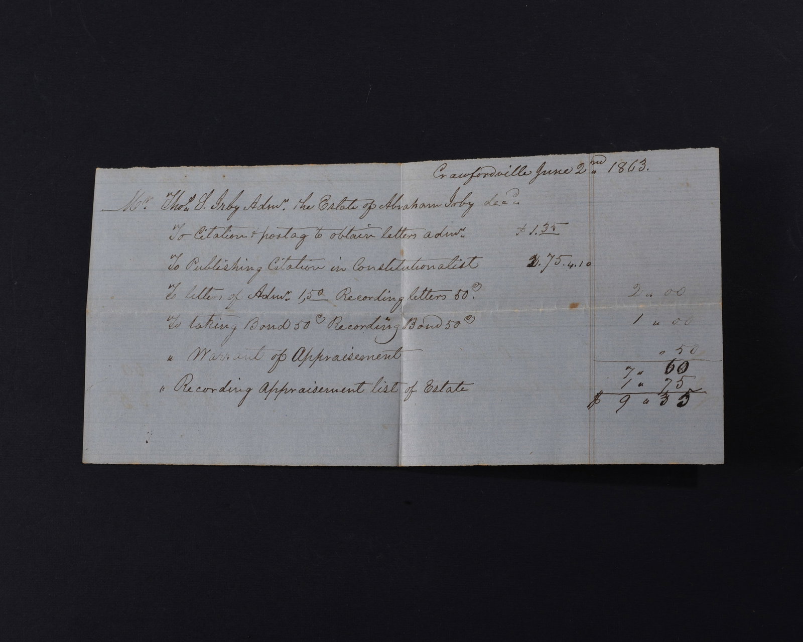1863 Confederate Document: Confederate Manuscript Document, 1pp 8”x3” Crawfordville, Georgia, June 2, 1863, pertaining to expenses for advertising and administration for the estate of Abraham Irby. Fine condition.
