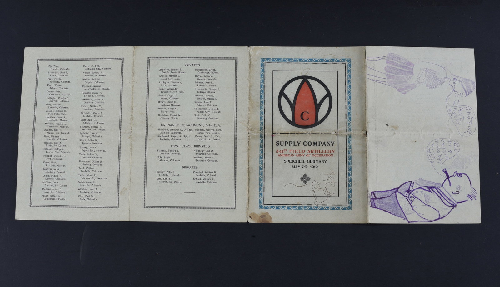 Occupied Germany WWI Joke Program with Soldier Art: Humorous military imprint for the Supply Company 341st Field Artillery, American Army of Occupation, Speicher, Germany, May 7, 1919, folds out to include “Menu” which has “Consomme -