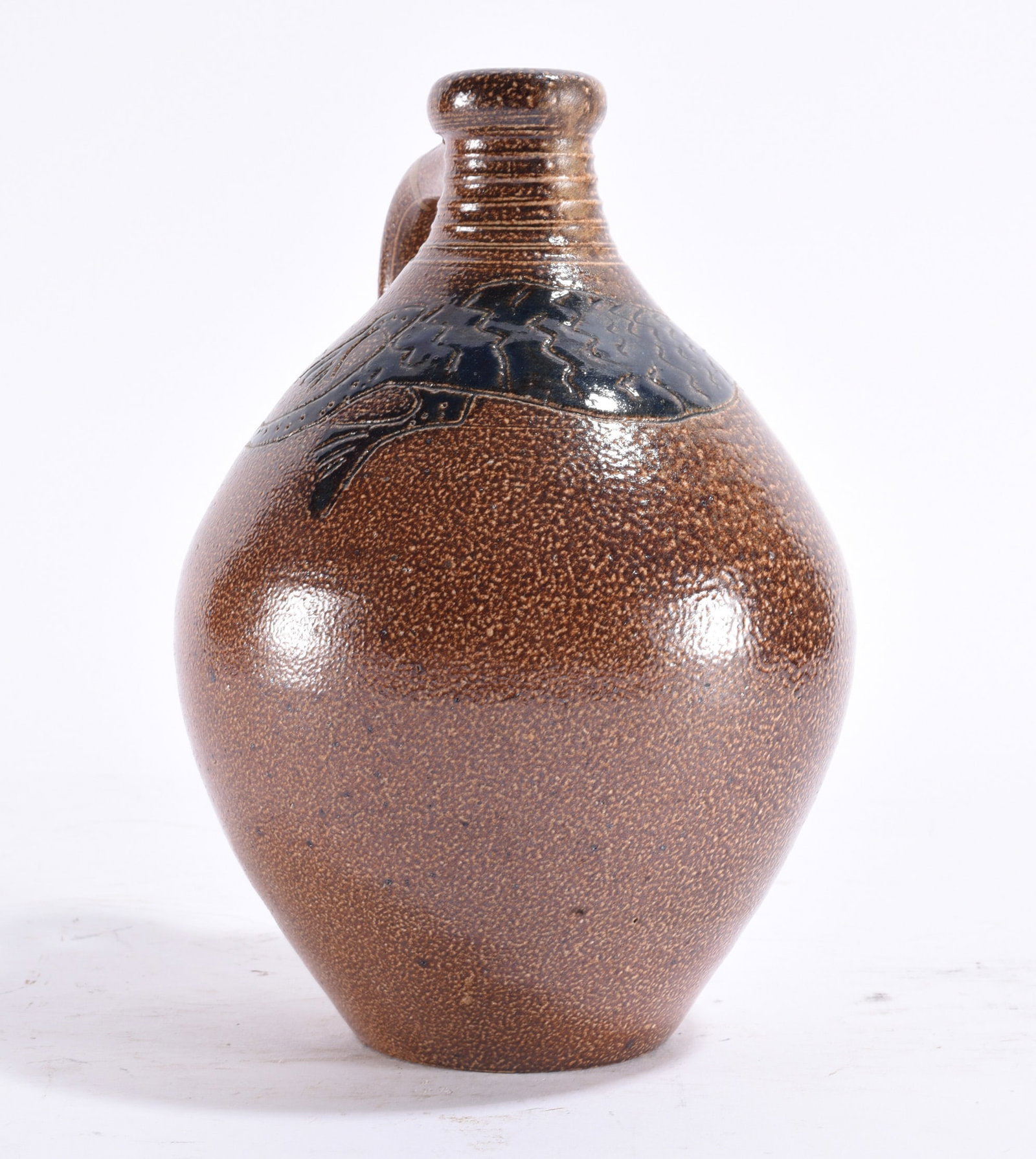 Mark Hewitt Incised Decorated Jug: Mark Hewitt (b. 1955, Stoke-on-Trent, England) North Carolina studio pottery jug, wheel-thrown with rounded ovoid body, short neck and applied handle, featuring an incised decorative band around the s