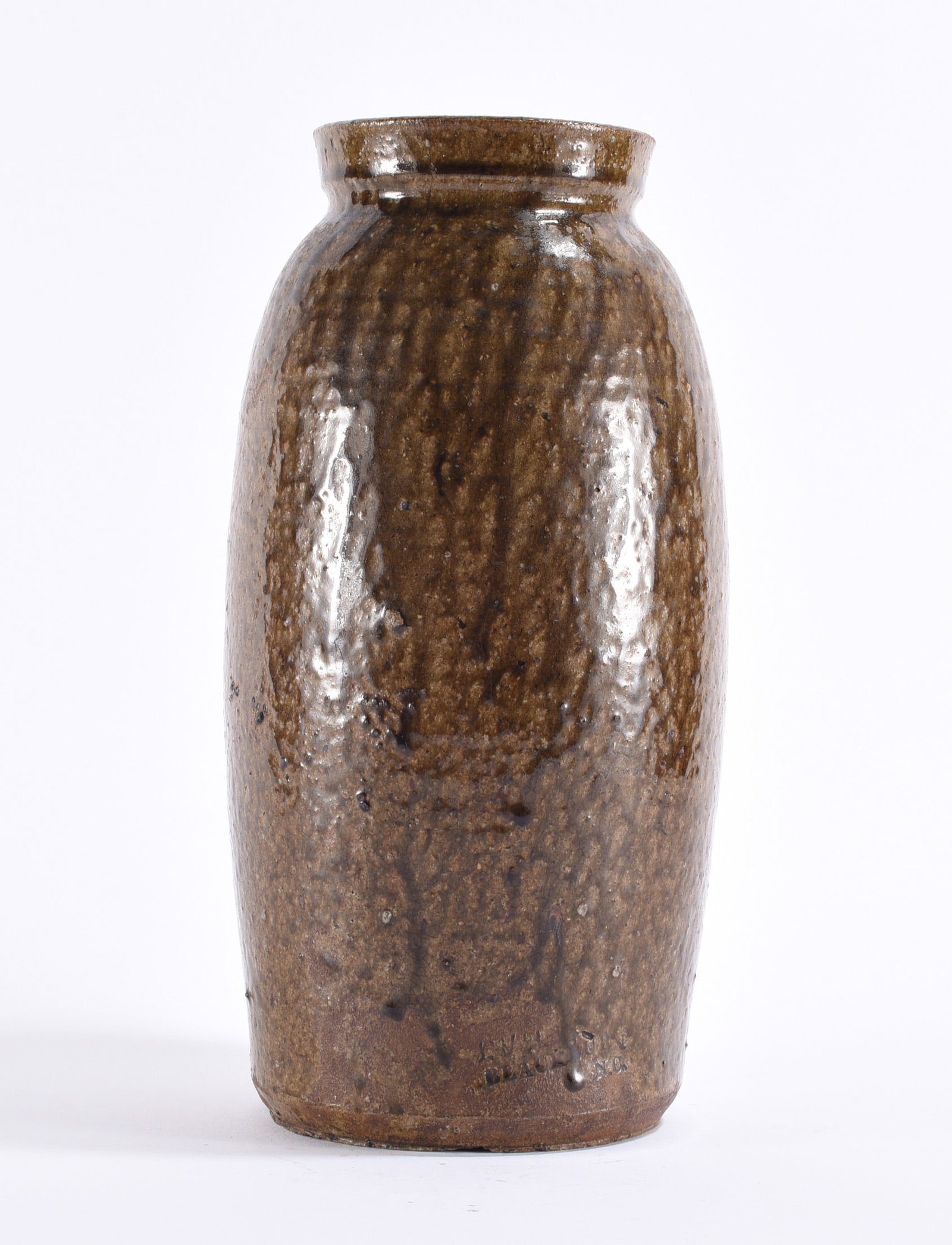 John Wesley Hilton Signed Catawba Valley Canning Jar: John Wesley Hilton (1836–1923), Catawba County, North Carolina, signed Catawba Valley stoneware canning jar, of tall cylindrical form with rounded shoulder and rolled rim beneath a warm brown alkali
