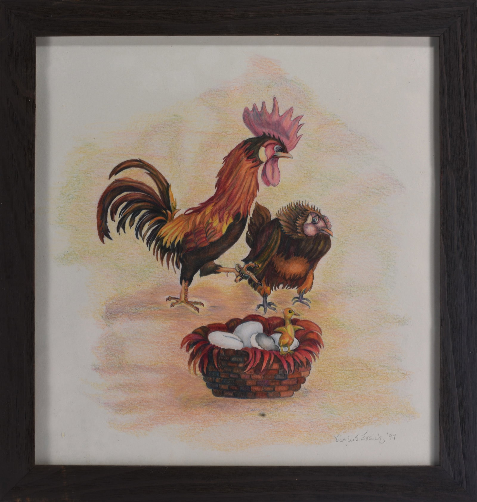 Pencil Signed Water Color She Loved a Duck!: Pencil-signed watercolor and colored-pencil work on paper titled “She Loved a Duck!”, dated 1997, depicting a whimsical rooster and hen standing above a nest containing eggs and a newly hatche