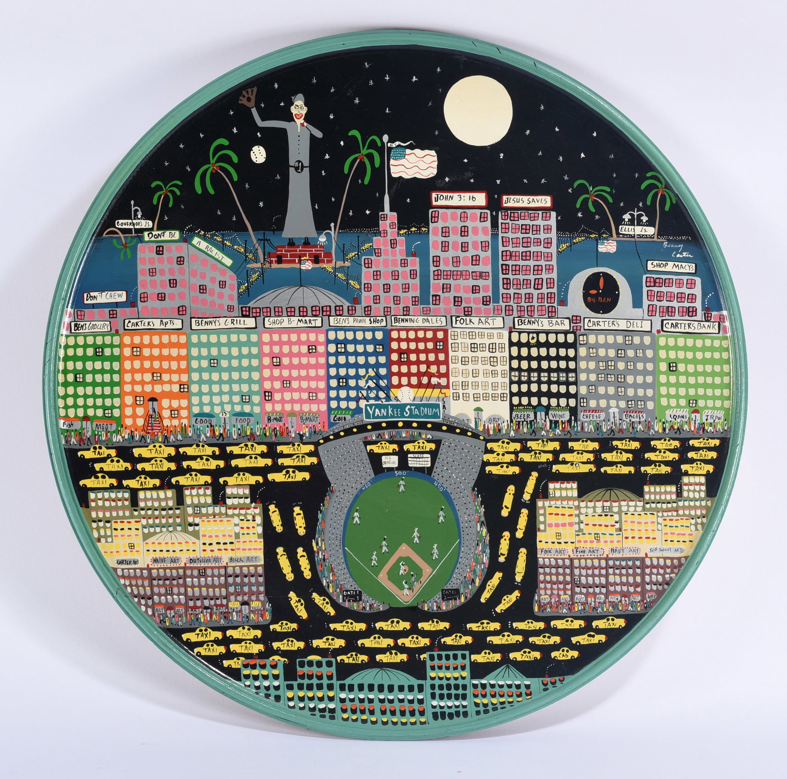 Benny Carter New York City Painting Yankee Stadium: Benny Carter (1943–2014), North Carolina self-taught artist, large circular New York City painting centered on Yankee Stadium, surrounded by dense rows of brightly colored buildings, yellow taxis, s