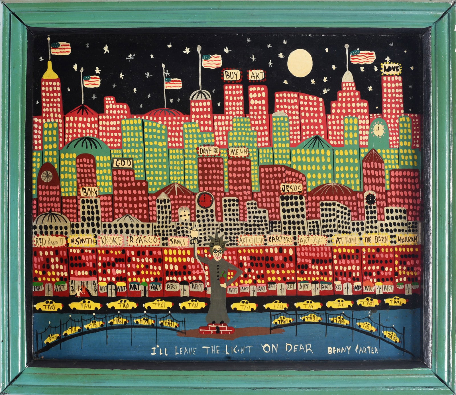 Benny Carter New York City Painting: Benny Carter (1943–2014), North Carolina self-taught artist, large circular New York City painting centered on Yankee Stadium, surrounded by dense rows of brightly colored buildings, yellow taxis, s