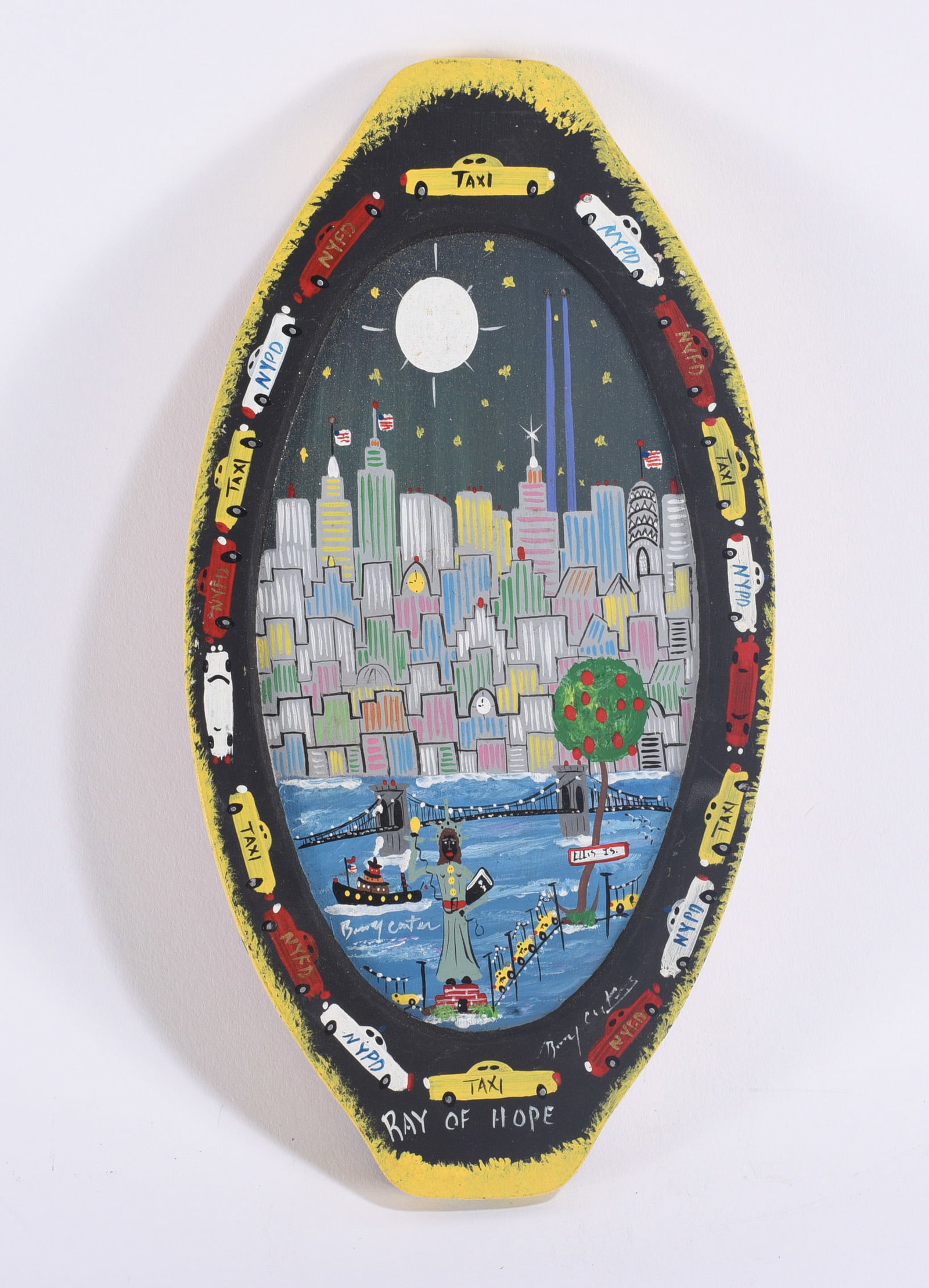 Benny Carter Small New York City Painting: Benny Carter (1943–2014), North Carolina self-taught artist, large circular New York City painting centered on Yankee Stadium, surrounded by dense rows of brightly colored buildings, yellow taxis, s