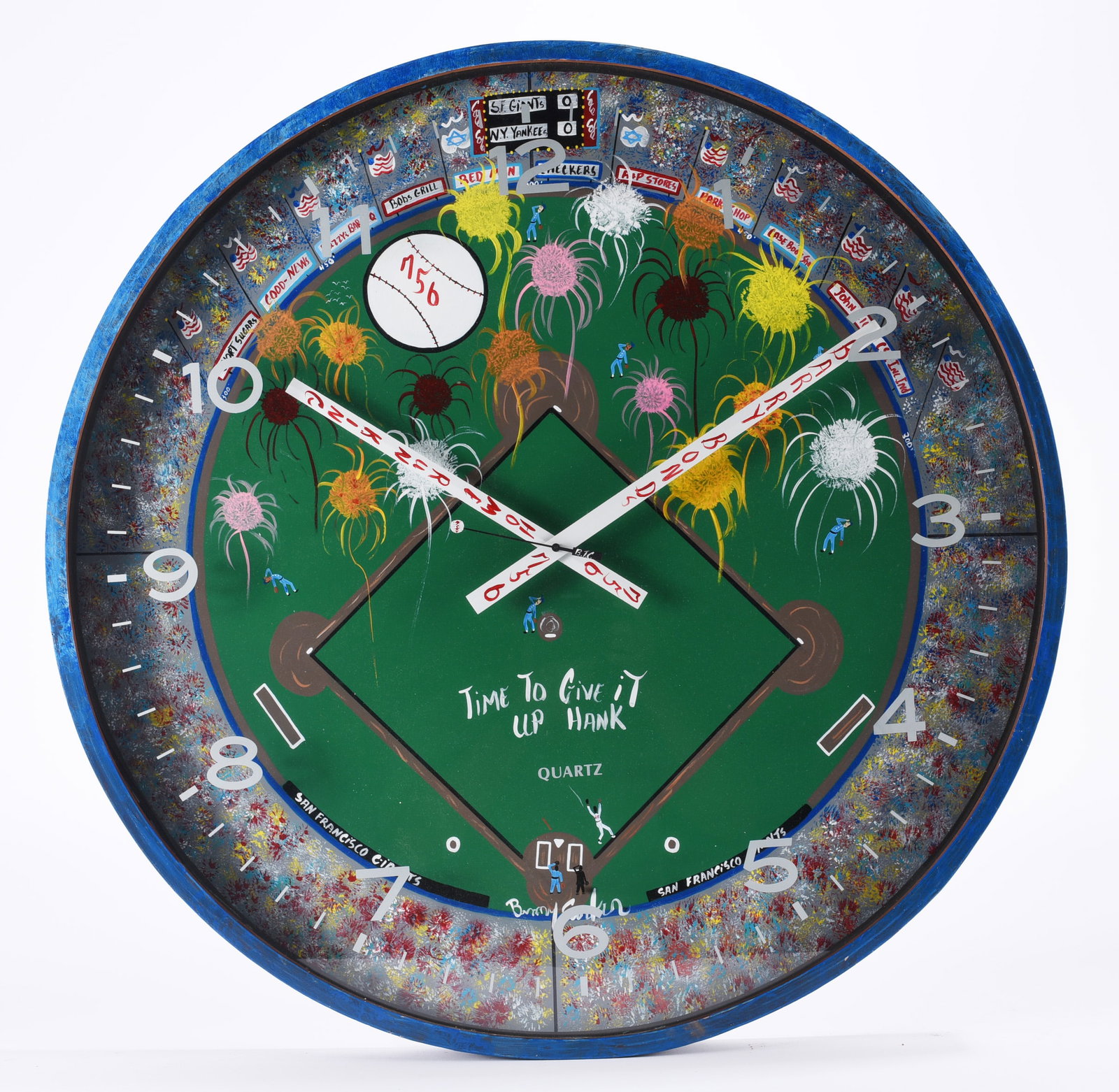 Benny Carter New York Yankees Clock: Benny Carter (1943–2014), North Carolina self-taught artist, large circular New York City painting centered on Yankee Stadium, surrounded by dense rows of brightly colored buildings, yellow taxis, s
