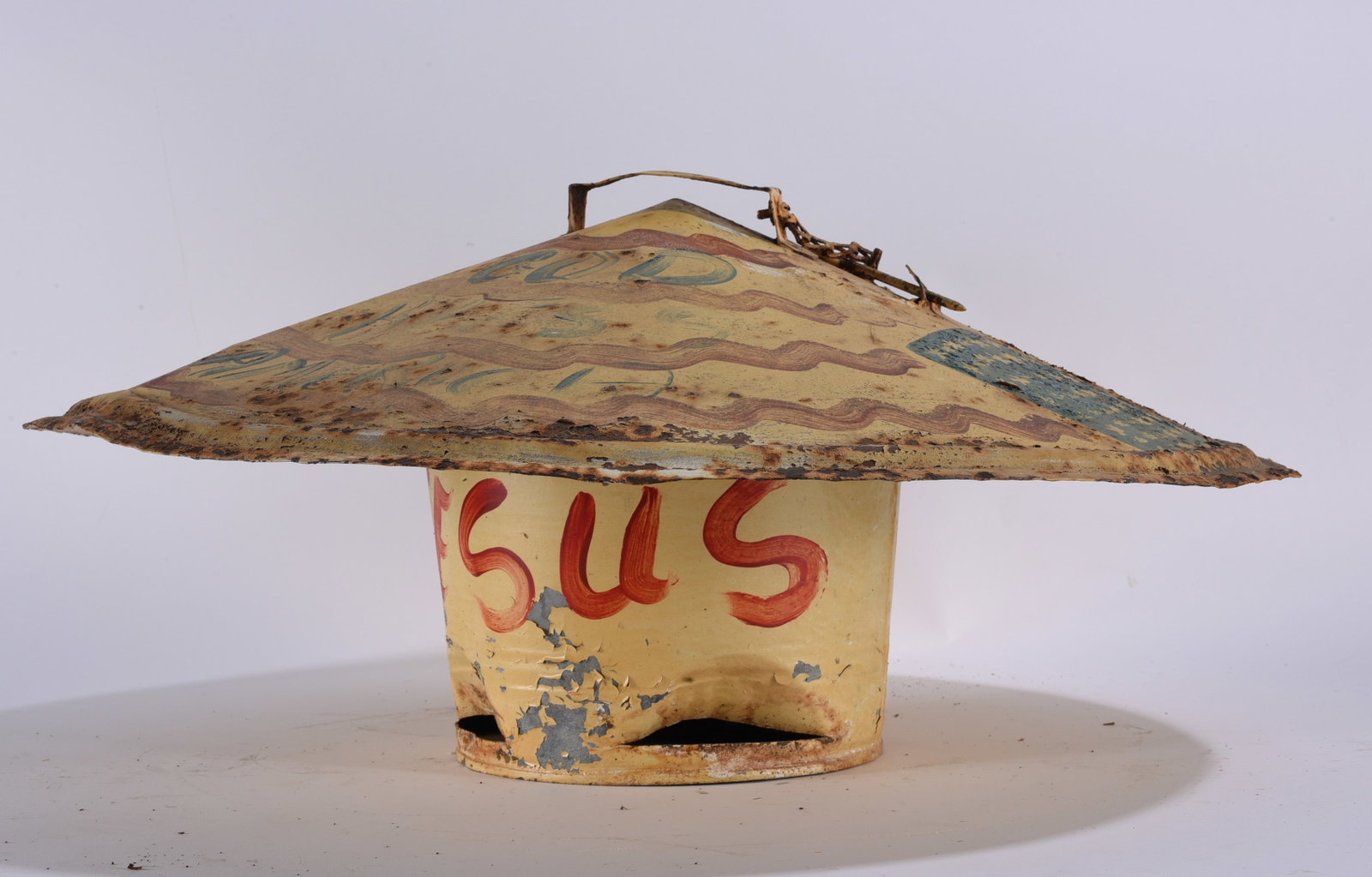 Benny Carter Environmental Tin Bird House: Binford “Benny” Carter Jr. (1943–2014), North Carolina self-taught artist, unusual environmental birdhouse constructed from repurposed sheet metal, having a broad pyramidal roof, wire hanger