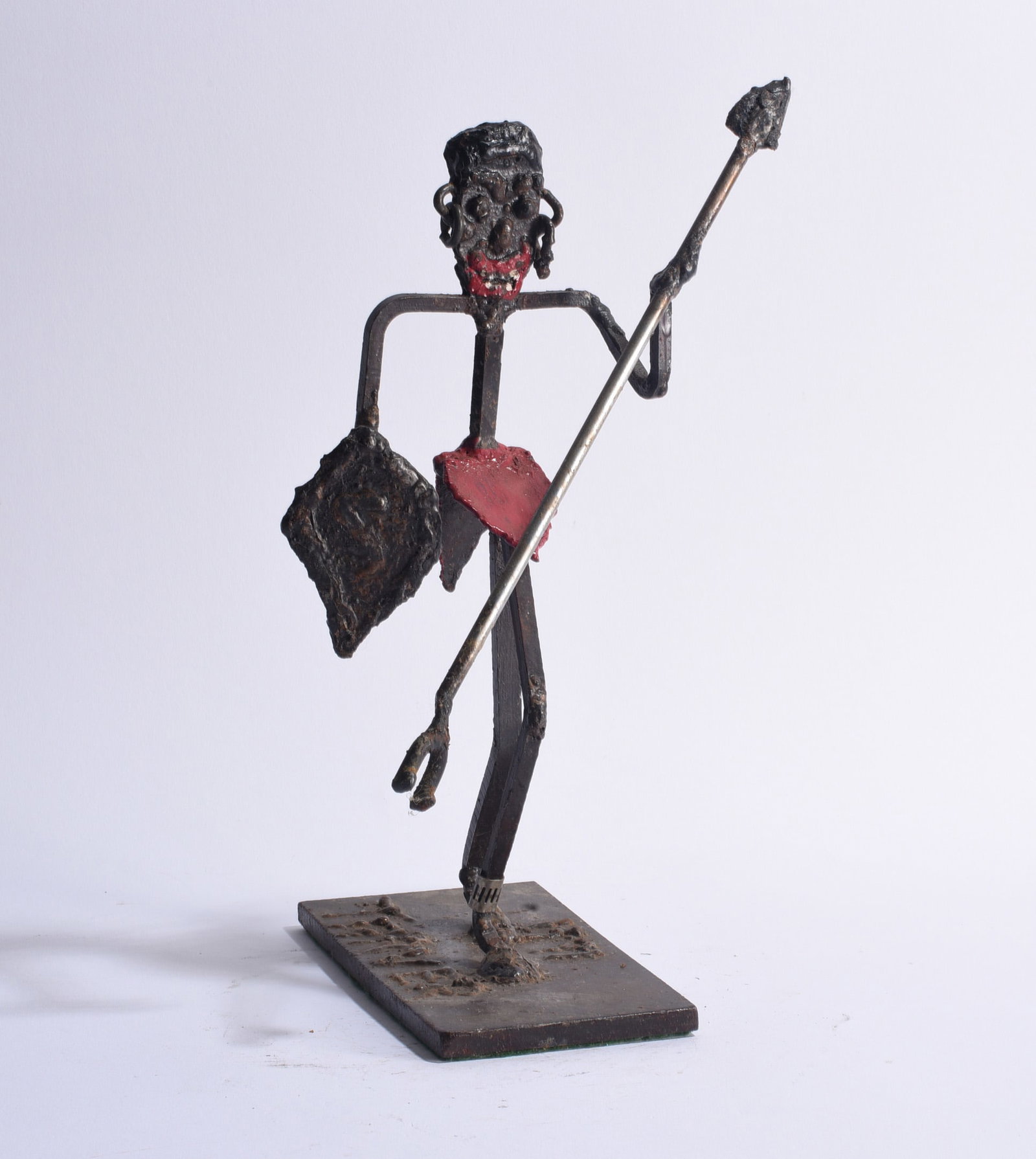 Willie Tarver (1932 - 2010) Sculpture: Willie L. Tarver (1932–2010), Wadley, Georgia, self-taught folk-art welded metal sculpture depicting a standing spear-bearing figure with elongated limbs, modeled head, loop earrings and contrasting