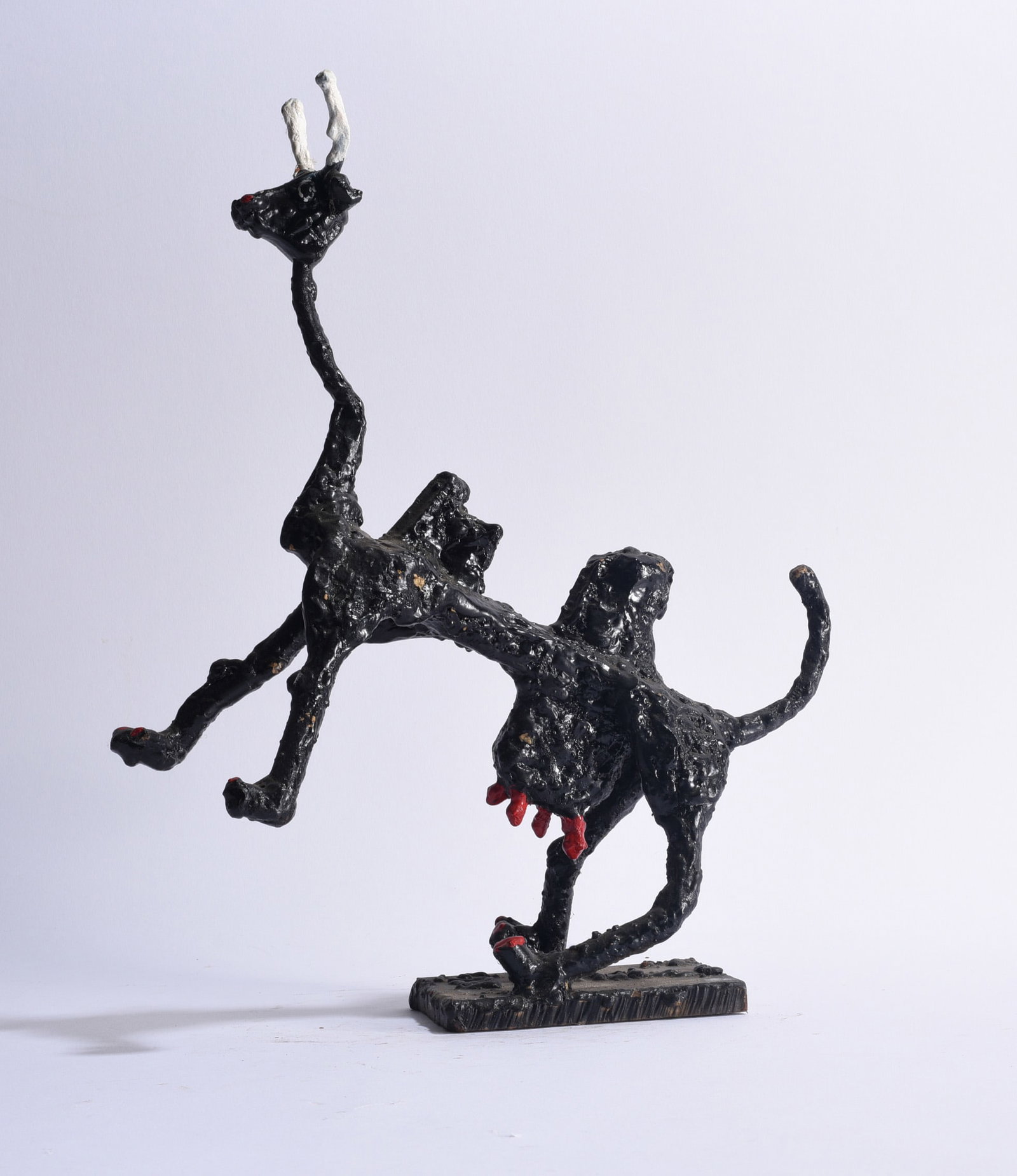Willie Tarver (1932 - 2010) Sculpture: Willie L. Tarver (1932–2010), Wadley, Georgia, self-taught folk-art welded metal sculpture depicting two animated long-necked animals locked together in a lively figural composition. Constructed fro