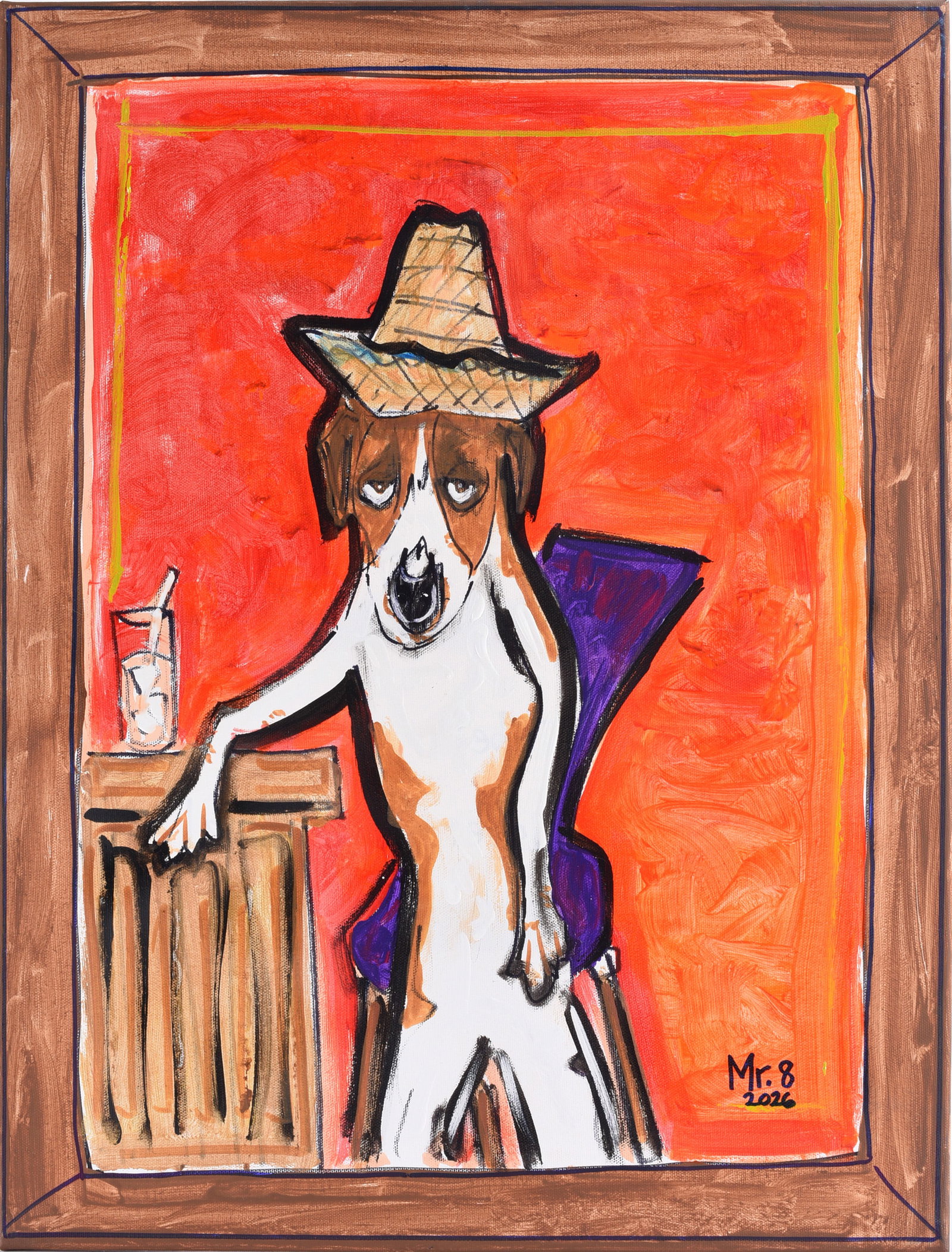 Outsider Art Painting by Mr. 8: Original outsider art painting signed “Mr. 8,” depicting an oversized vintage-style Ritz cracker box against a brightly colored yellow, red and brown background. The familiar commercial packag