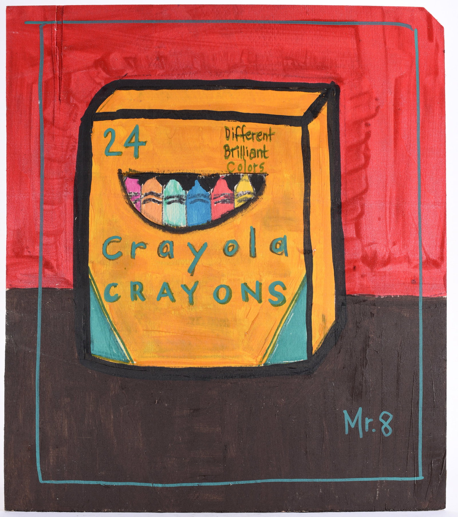 Outsider Art Painting by Mr. 8: Original outsider art painting signed “Mr. 8,” depicting an elongated bright green alien with oversized black eyes against a deep black ground. The unusually tall narrow format emphasizes the 