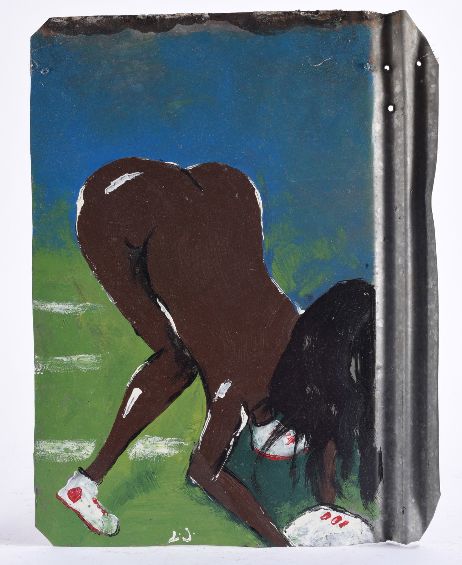 Leonard Jones Outsider Art Painting on Tin: Leonard Jones outsider art painting on salvaged corrugated metal depicting a female figure bending forward in a green landscape. Jones' use of found metal, direct brushwork and simplified figuration a