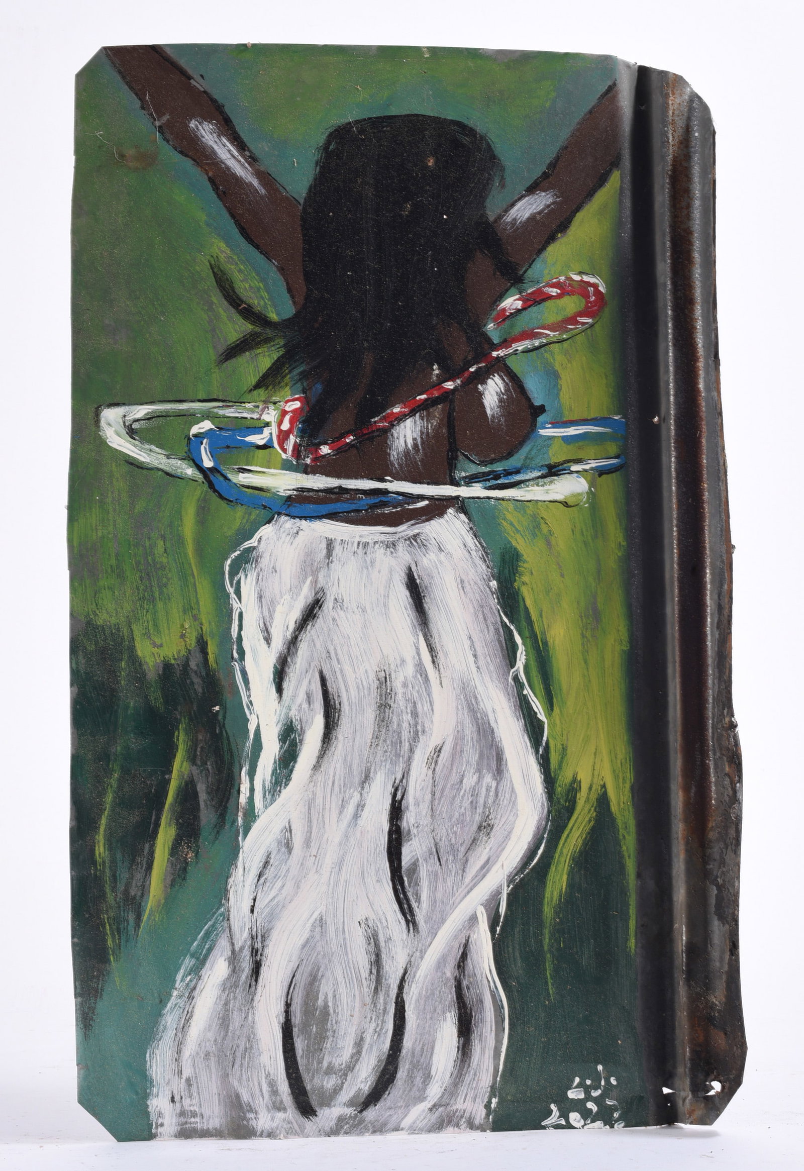 Leonard Jones Outsider Art Painting on Tin: Leonard Jones outsider art painting on salvaged corrugated metal depicting a female figure seen from behind with raised arms and colorful hoops encircling the body. Painted in a strong palette of gree
