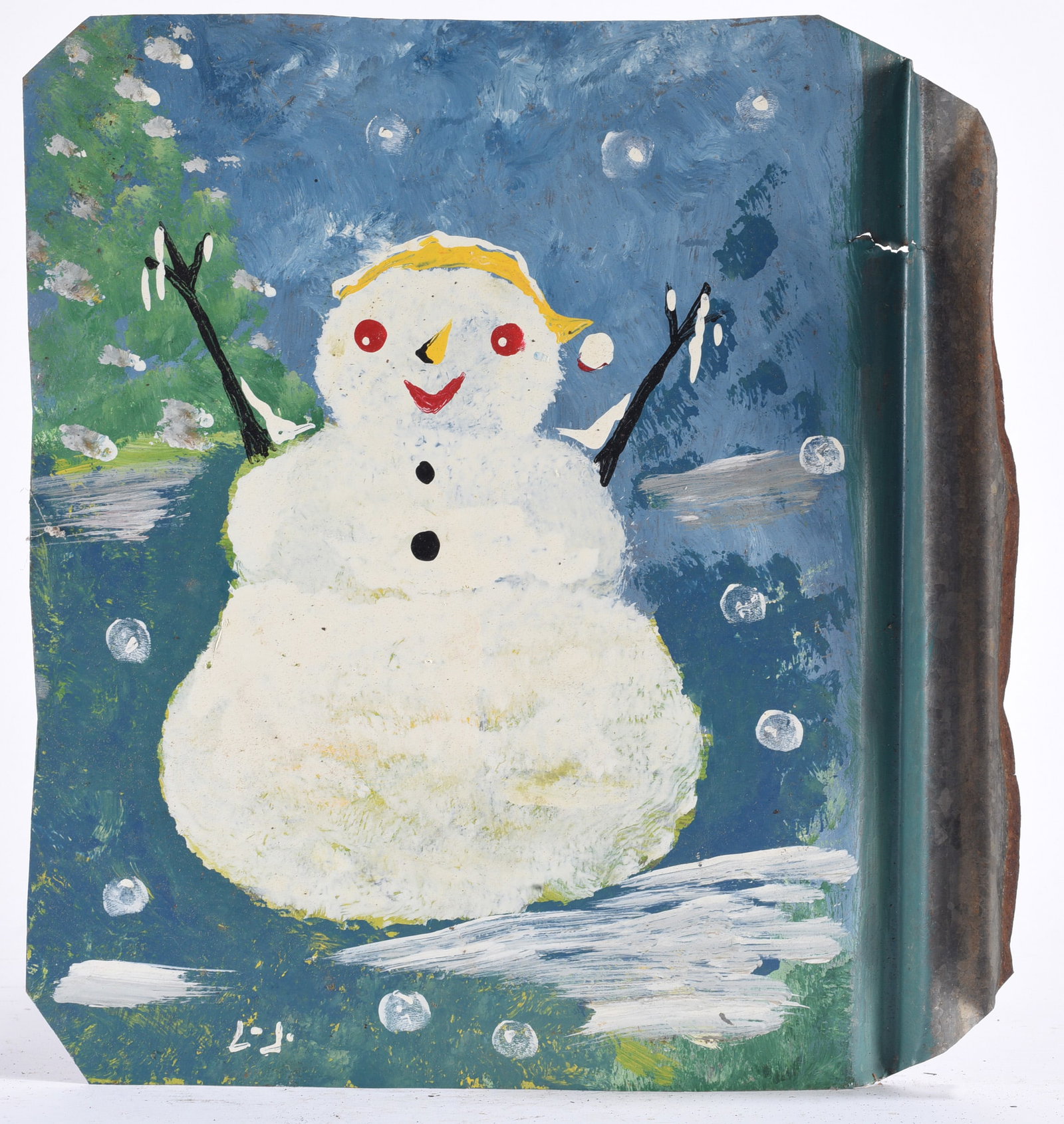 Leonard Jones Outsider Art Painting on Tin: Leonard Jones outsider art painting on salvaged metal depicting a cheerful snowman in a winter landscape with falling snow. Rendered with broad, direct brushwork and the weathered metal intentionally 
