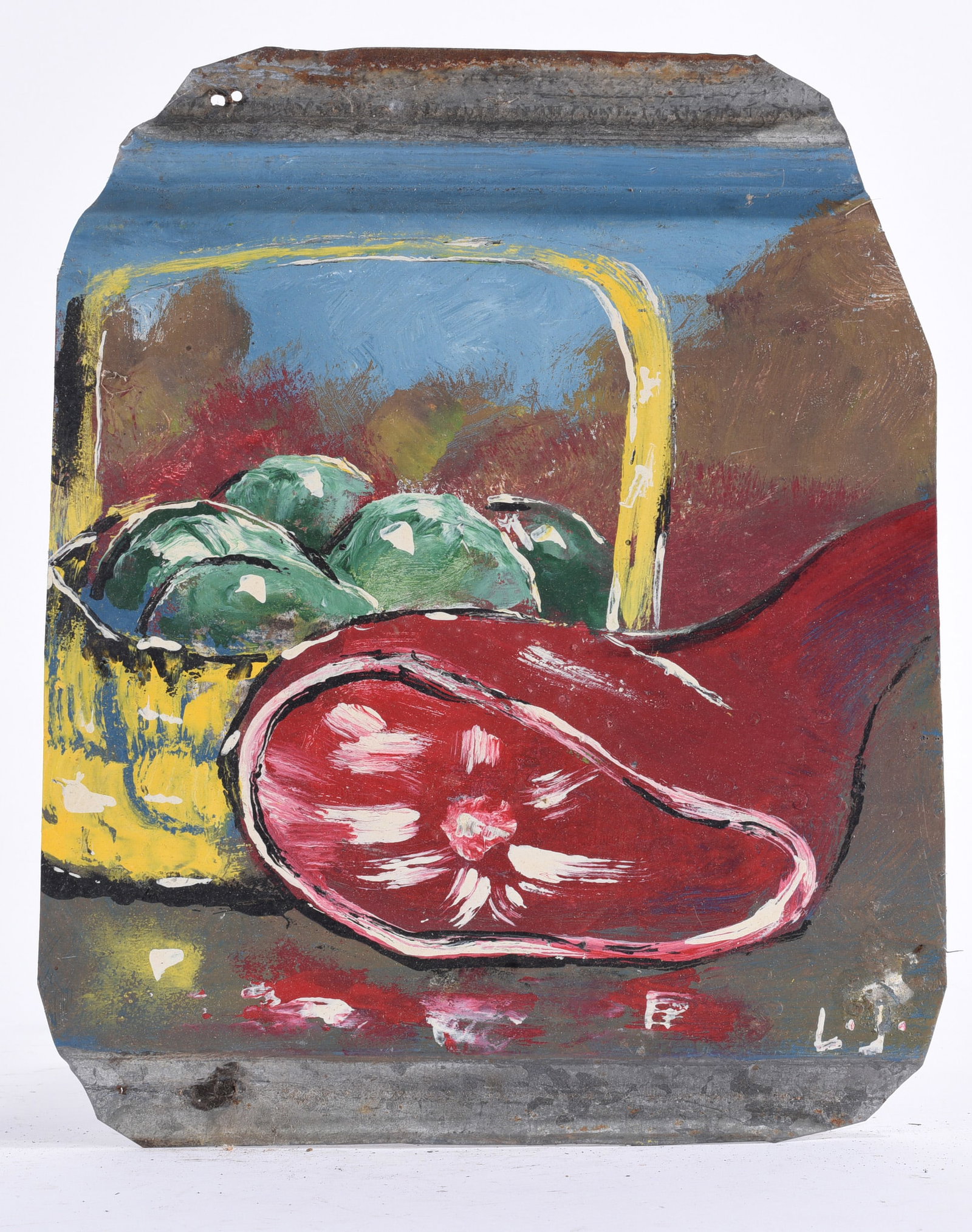 Leonard Jones Outsider Art Painting on Tin: Leonard Jones outsider art painting on salvaged metal depicting a still life with a large cut of red meat and a basket of green produce. Strongly outlined forms and exposed areas of aged metal give th