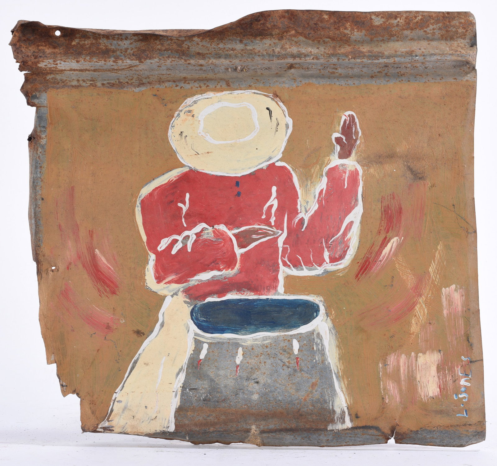 Leonard Jones Outsider Art Painting on Tin: Leonard Jones outsider art painting on salvaged metal depicting a figure in a red shirt and broad-brimmed hat standing behind a large vessel or wash pot. Painted in warm earth tones with exposed rust 
