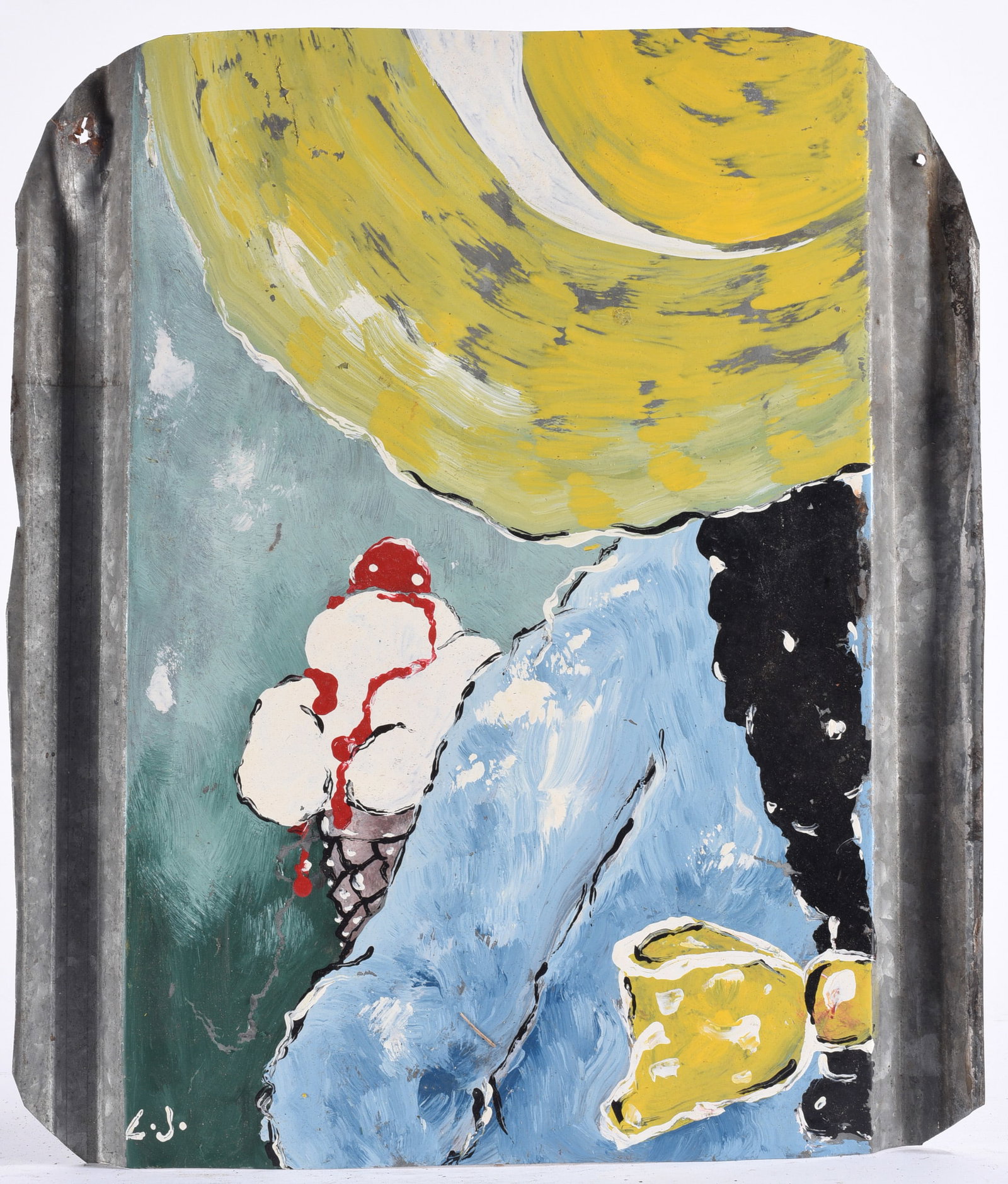 Leonard Jones Outsider Art Painting on Tin: Leonard Jones outsider art painting on salvaged metal depicting a seated figure in blue holding an ice cream cone beneath a large yellow sun. Boldly simplified forms and expressive brushwork. Initiale