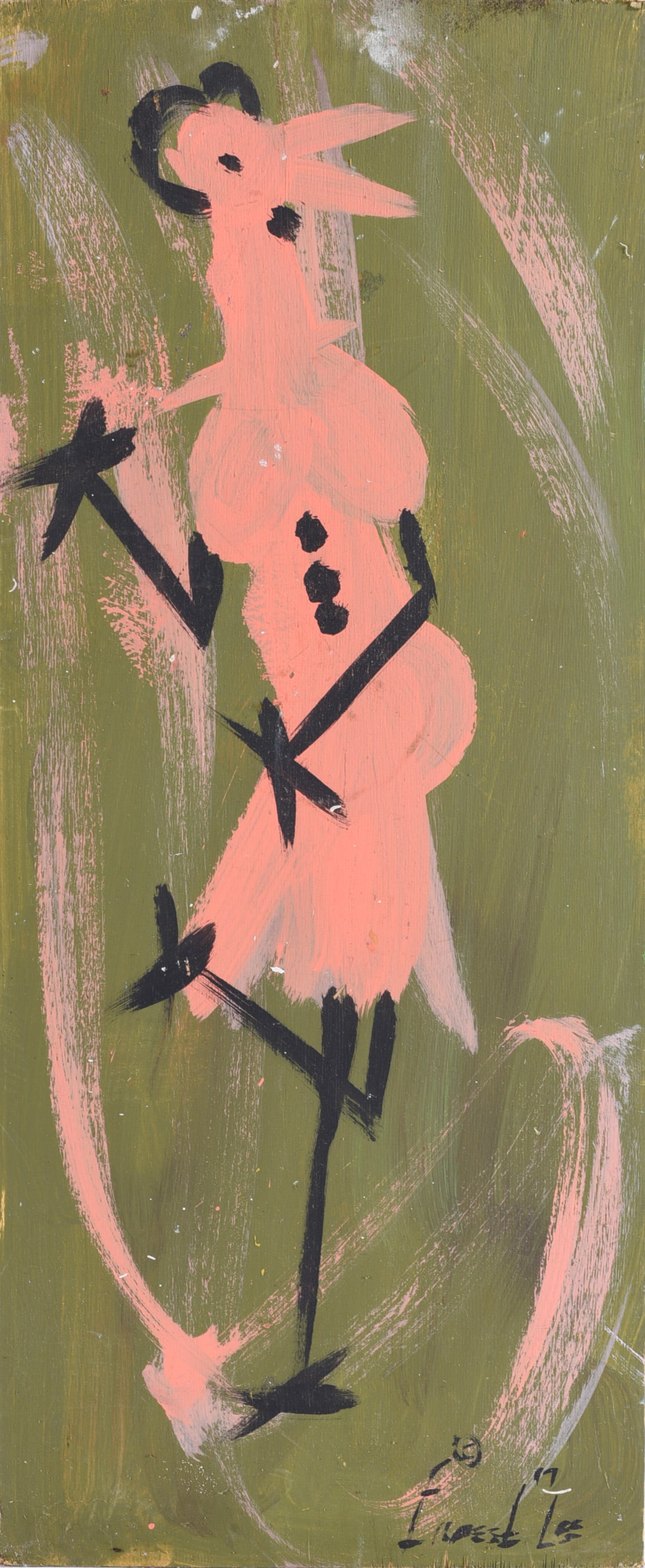 Ernest Lee Folk Art Chicken Painting: Ernest Lee folk art chicken painting featuring an elongated pink rooster/chicken figure against an olive-green ground. Executed with energetic black linear accents and sweeping pink brushstrokes. Sign