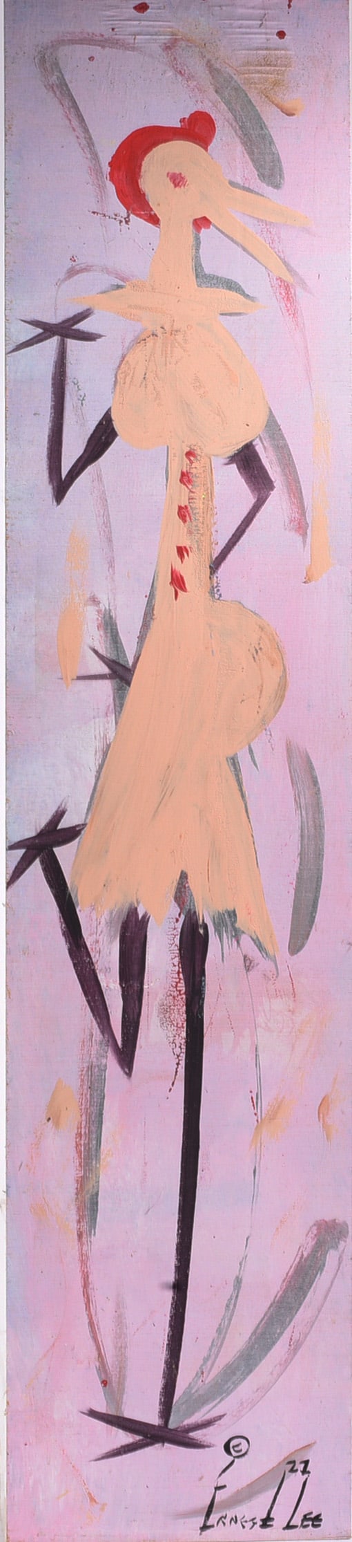 Ernest Lee Folk Art Chicken Painting: Ernest Lee folk art chicken painting depicting a tall cream-colored chicken against a lavender-pink ground, with black angular legs and loose gestural marks surrounding the figure. Signed Ernest Lee a