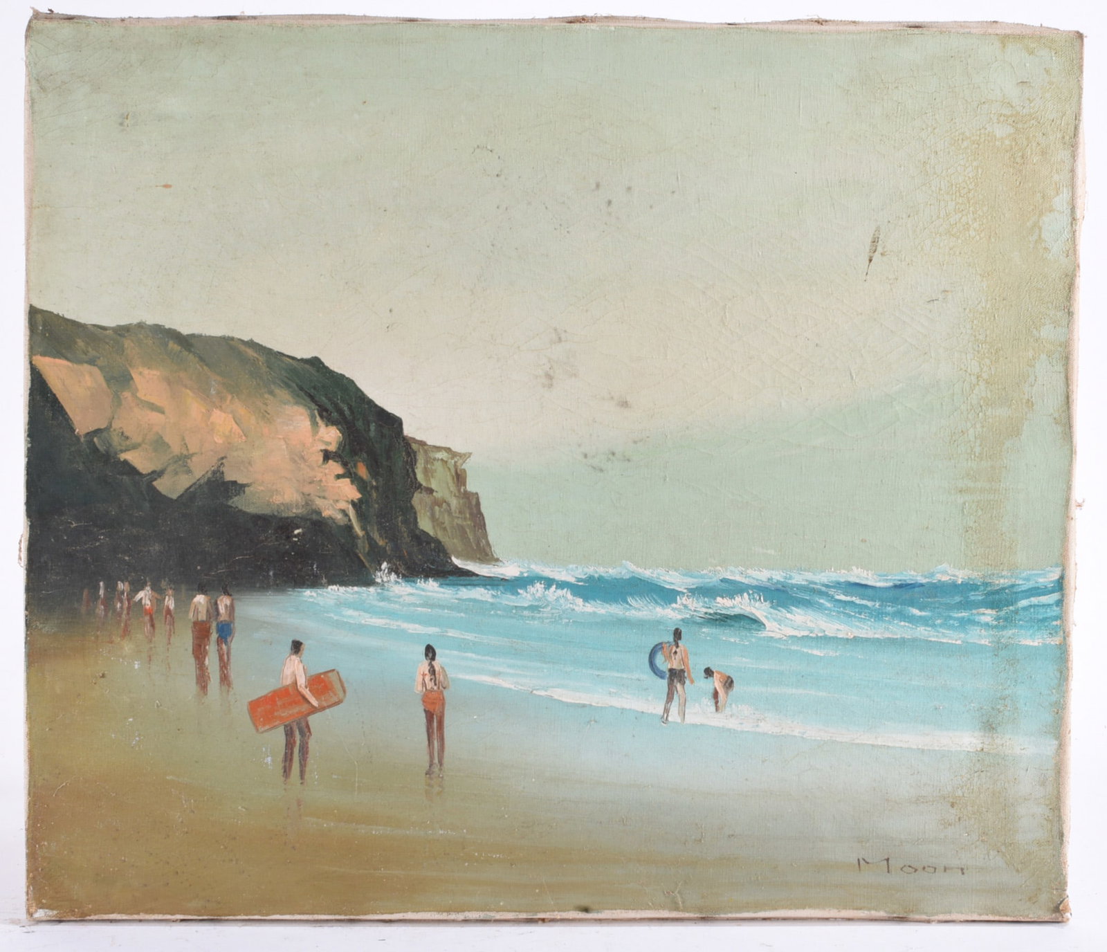 Painting on Canvas Oregon Surfing: Painting on canvas depicting an Oregon coastal surfing scene with figures and surfers gathered along the shoreline, rolling blue waves and rocky cliffs in the distance. Signed “Moon” lower rig